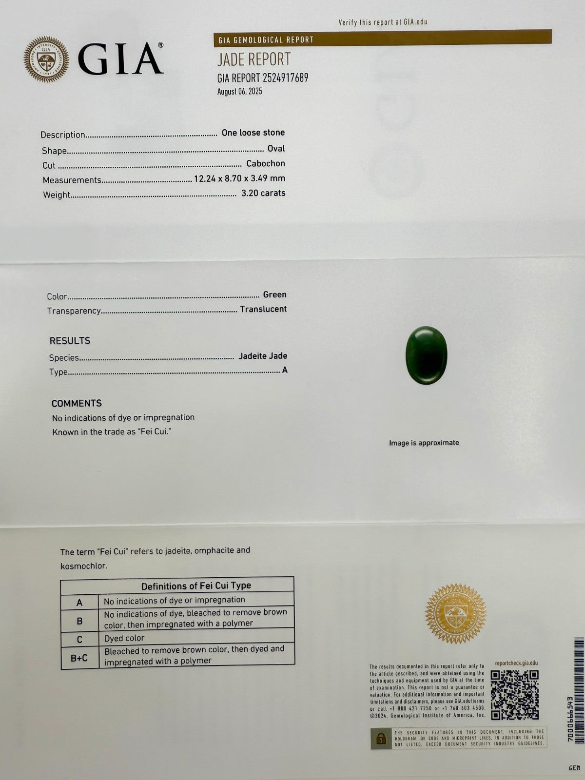 3.20ct GIA Certified Jadeite A Grade Jade Untreated Yellow Gold Oval Signet Ring — view 2