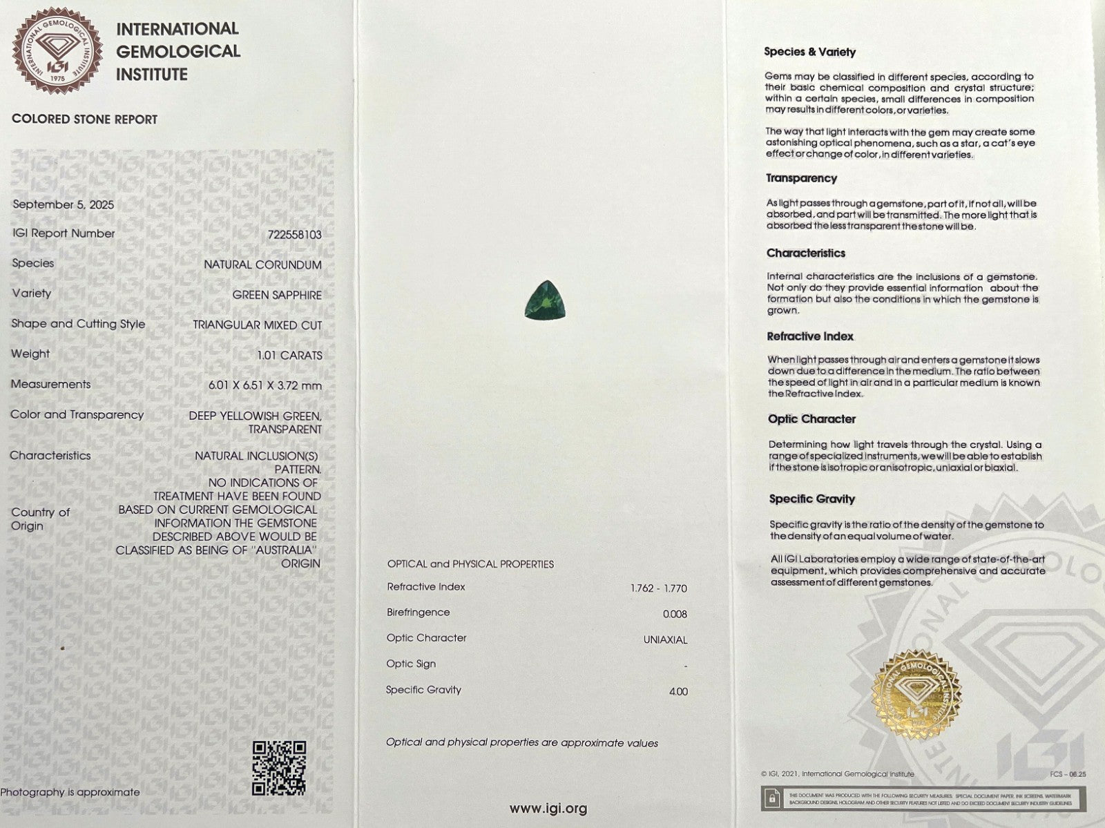 IGI CERTIFIED 1.01ct Sapphire AUSTRALIA Vivid Yellow Green UNHEATED Trillion Cut — view 2