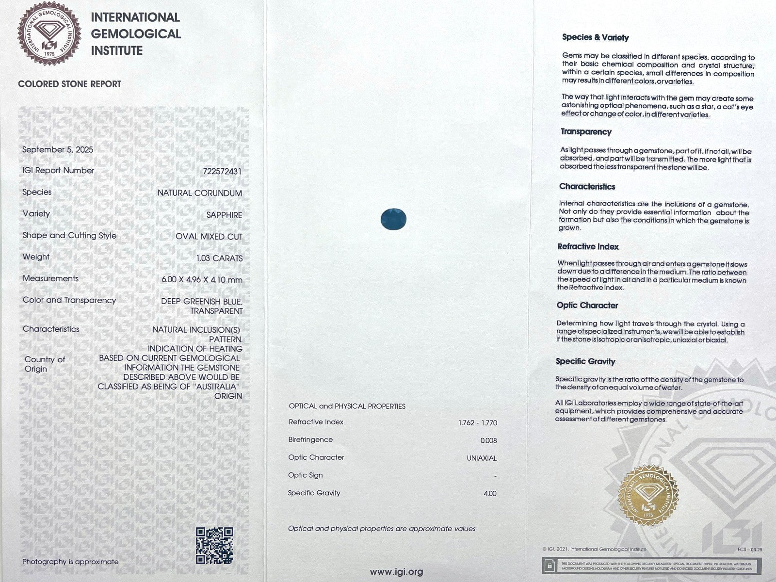 Fine IGI CERTIFIED 1.03ct AUSTRALIAN Deep Greenish Blue Sapphire Oval Cut RARE — view 2