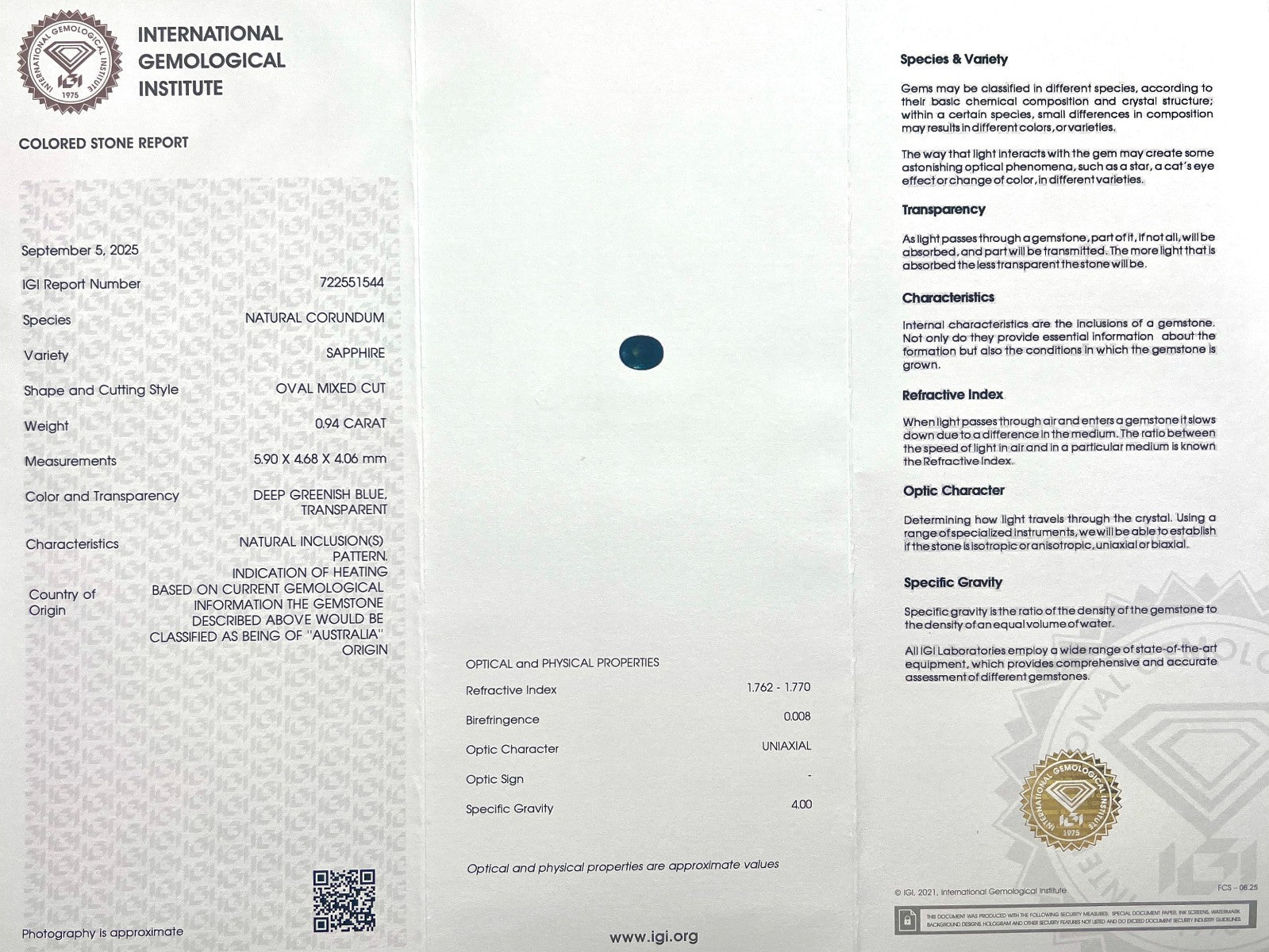 IGI CERTIFIED 0.94ct AUSTRALIAN Deep Greenish Blue Sapphire Oval Cut RARE — view 2