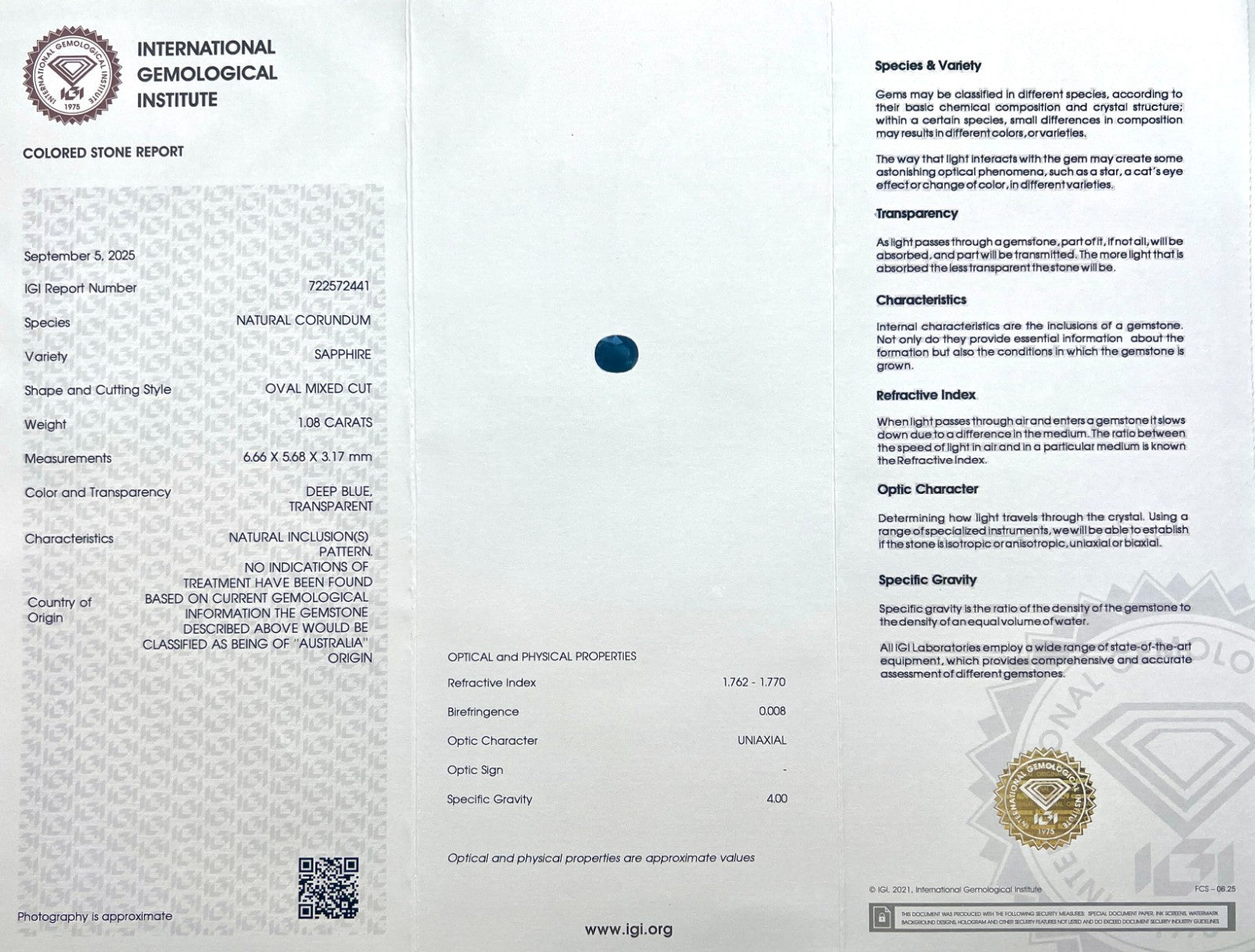 IGI CERTIFIED 1.08ct Untreated AUSTRALIAN Deep Blue Sapphire Oval Cut RARE — view 2