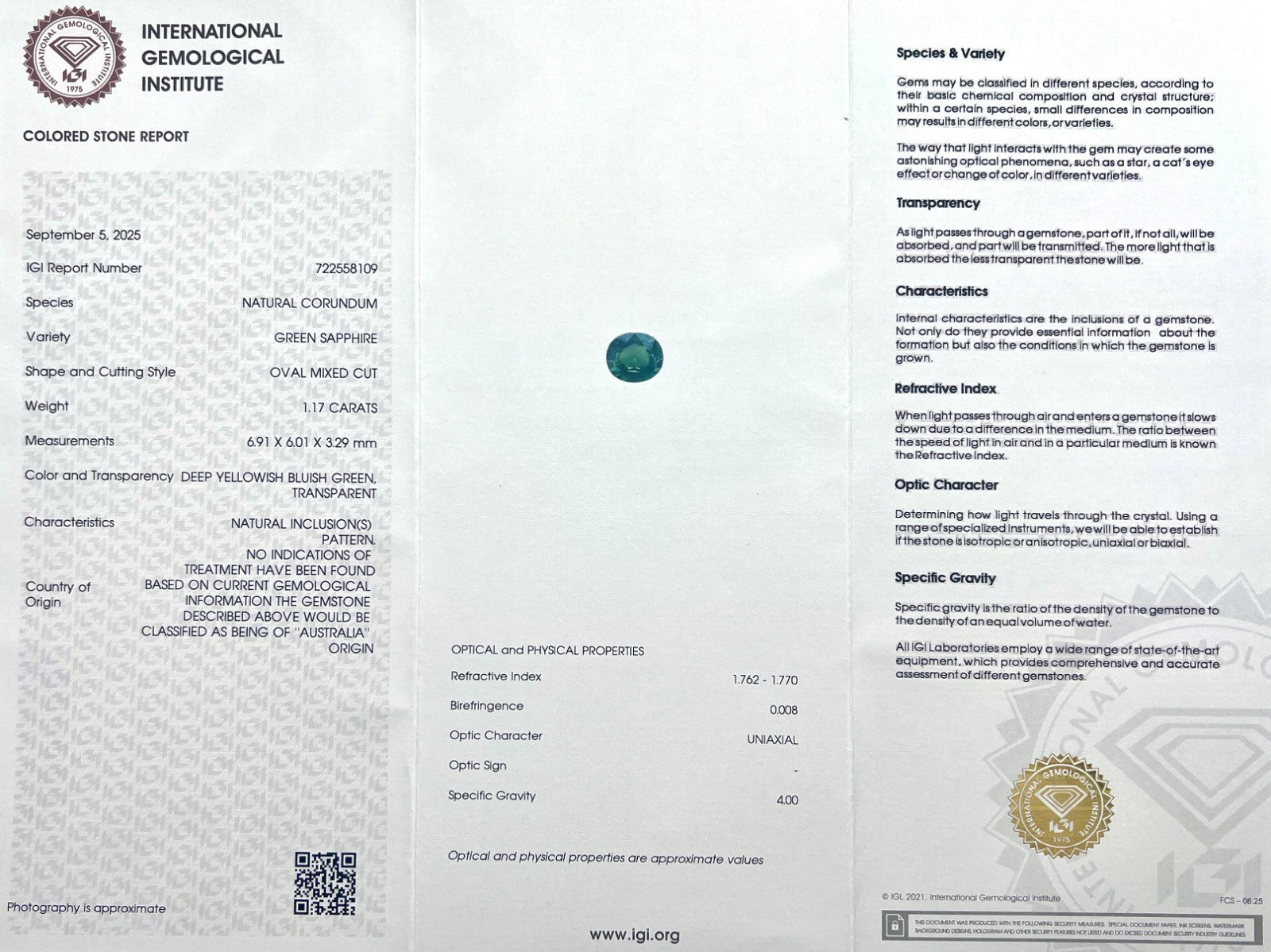 IGI CERTIFIED 1.17ct AUSTRALIAN Sapphire NATURAL Vivid Green Oval UNTREATED Gem — view 2