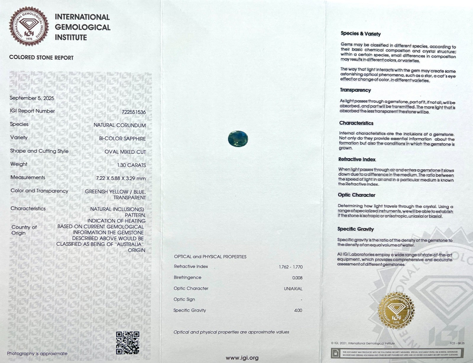 IGI CERTIFIED 1.30ct AUSTRALIA Bi Colour Yellow Blue NATURAL Sapphire Oval Cut — view 2