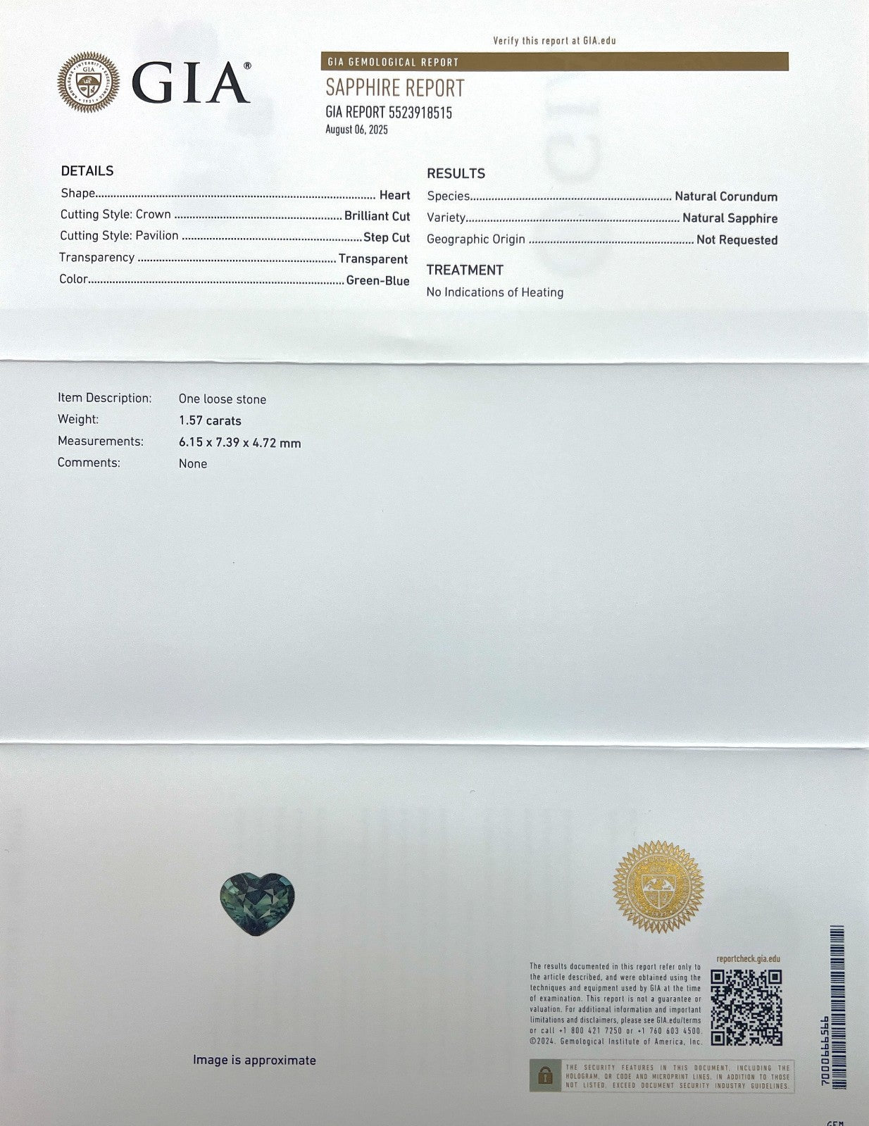 GIA CERTIFIED 1.57ct Deep Green Blue Sapphire UNTREATED Heart Cut NATURAL Gem — view 3
