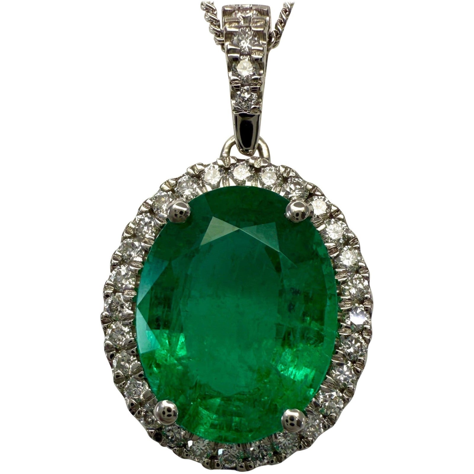 4.64ct GIA CERTFIED Oval Cut Zambia Emerald & Diamond Platinum Pendant Necklace