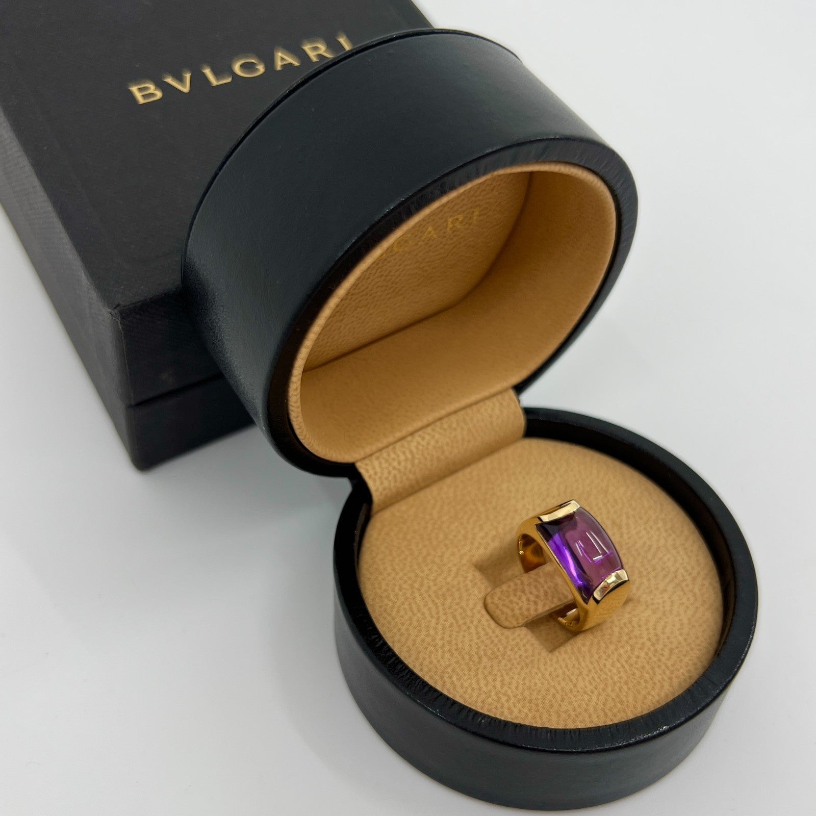 Rare Bvlgari Bulgari Tronchetto 18k Yellow Gold Purple Amethyst Ring with Box — view 3