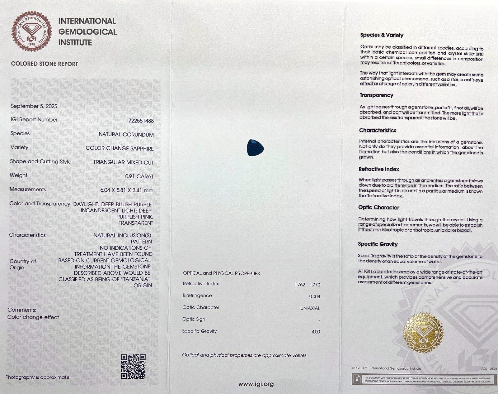 UNIQUE Colour Change Sapphire Blue Purple Untreated IGI CERTIFIED 0.91ct RARE — view 2