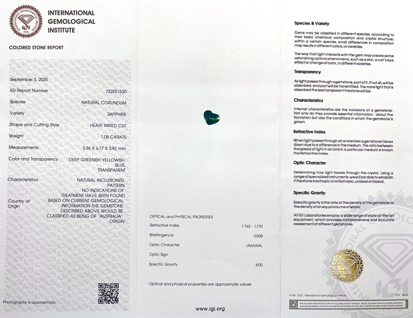 Unique IGI CERTIFIED 1.08ct AUSTRALIA Bi Colour Green Yellow Sapphire NO HEAT — view 2