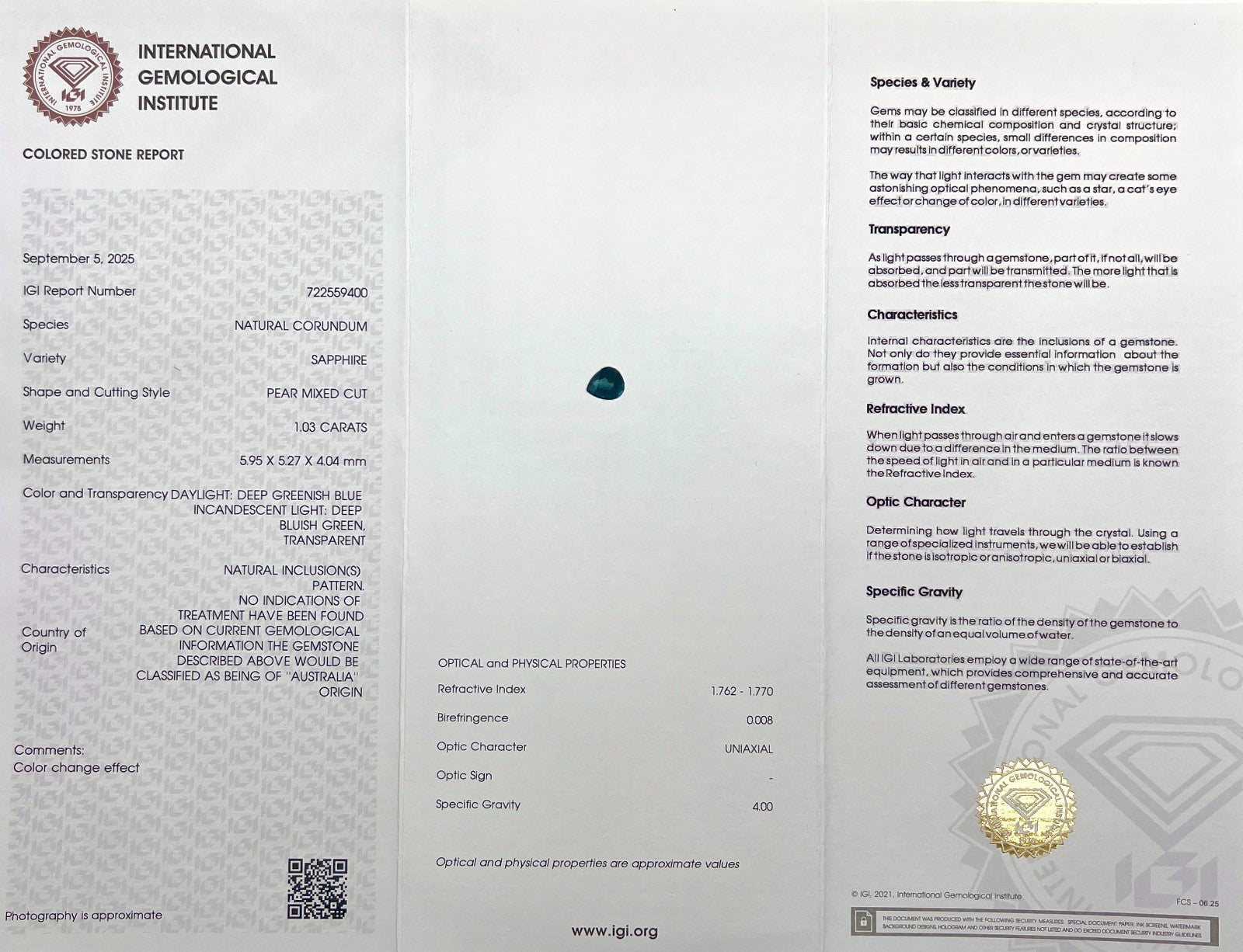 1.03ct Colour Change AUSTRALIAN Sapphire Blue Green Untreated IGI CERTIFIED Pear — view 3