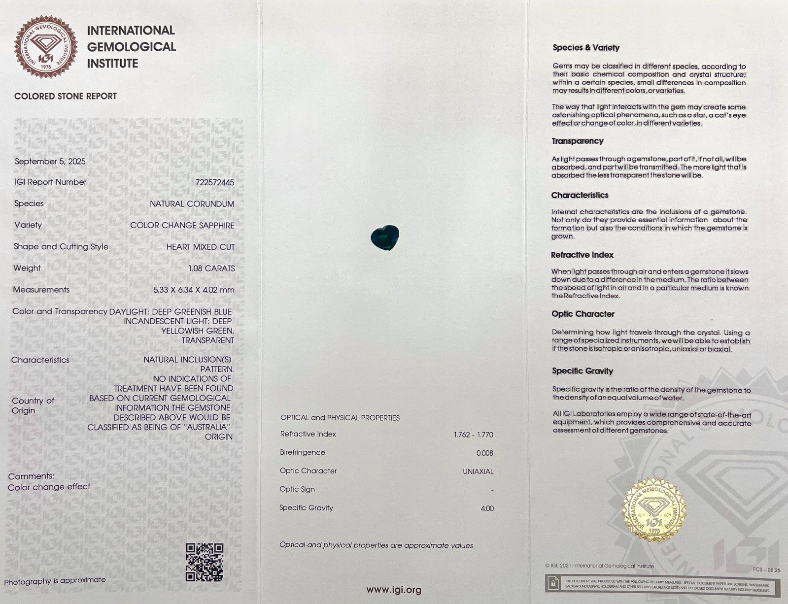 AUSTRALIAN 1.08ct Colour Change Sapphire NO HEAT Green Blue IGI CERTIFIED Gem — view 3