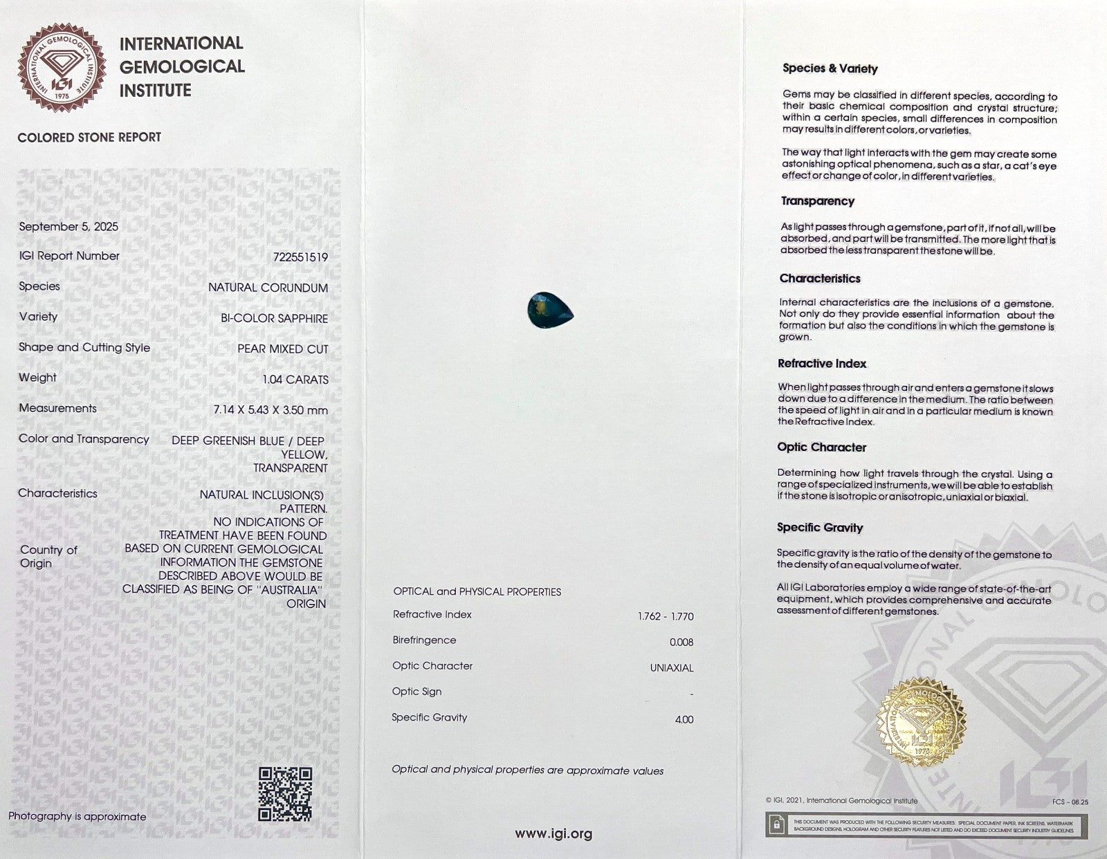 IGI CERTIFIED 1.04ct NATURAL Blue Yellow Bi Colour Sapphire AUSTRALIAN Pear Cut — view 2
