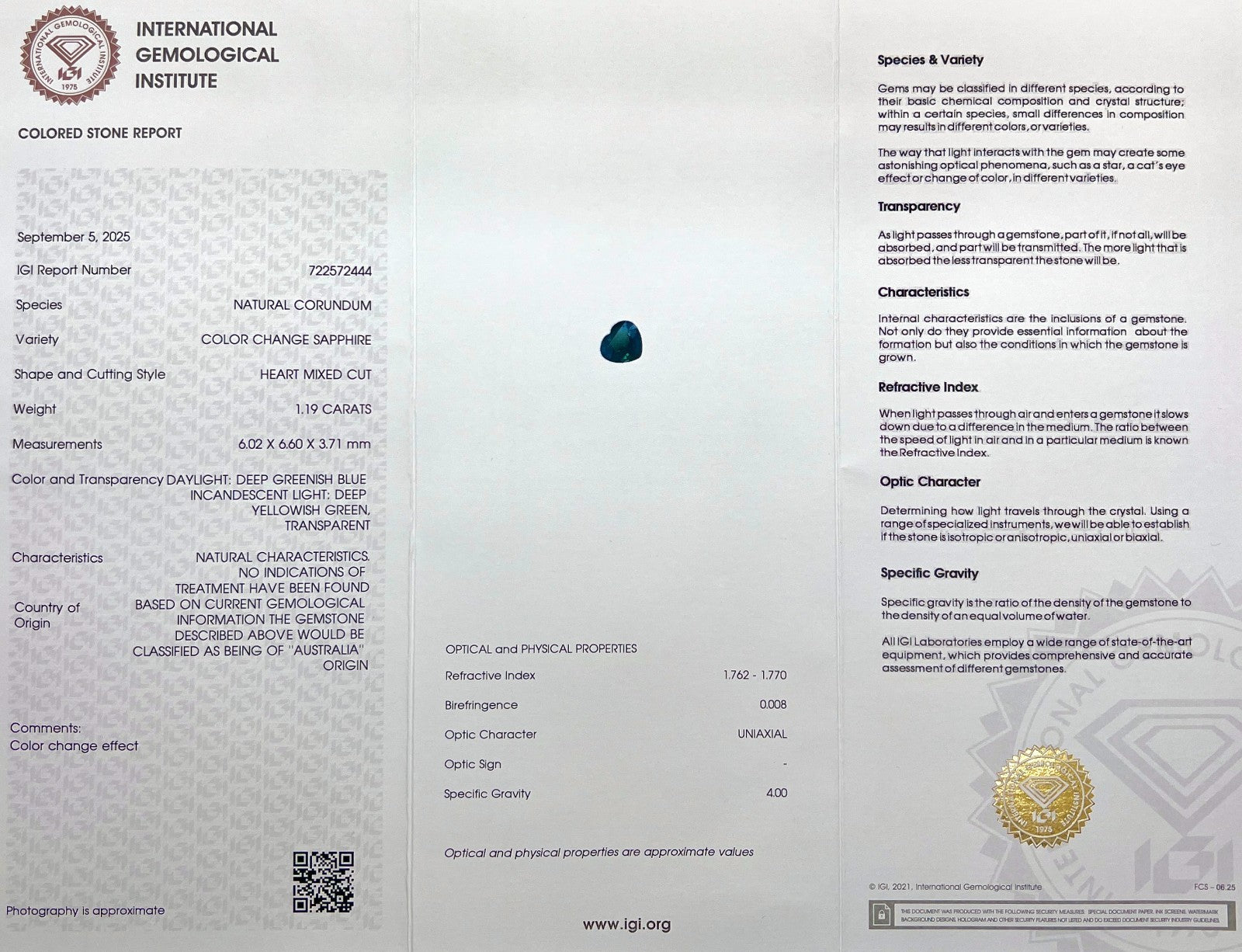 IGI CERTIFIED 1.19ct Colour Change Sapphire AUSTRALIA Greenish Blue No Heat Gem — view 3