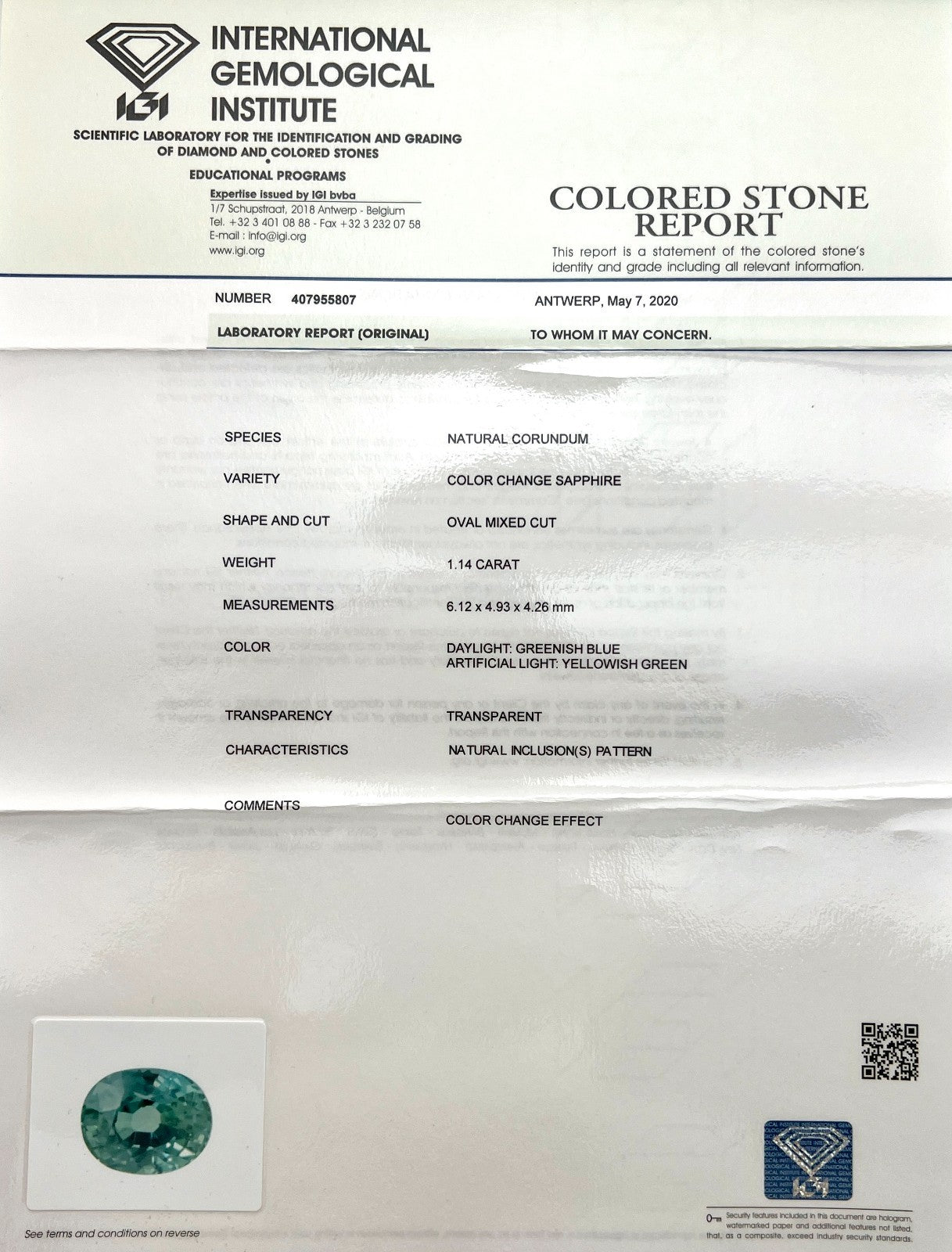 IGI CERTIFIED 1.14ct Colour Change Green Blue Sapphire Oval Cut RARE Gemstone — view 3