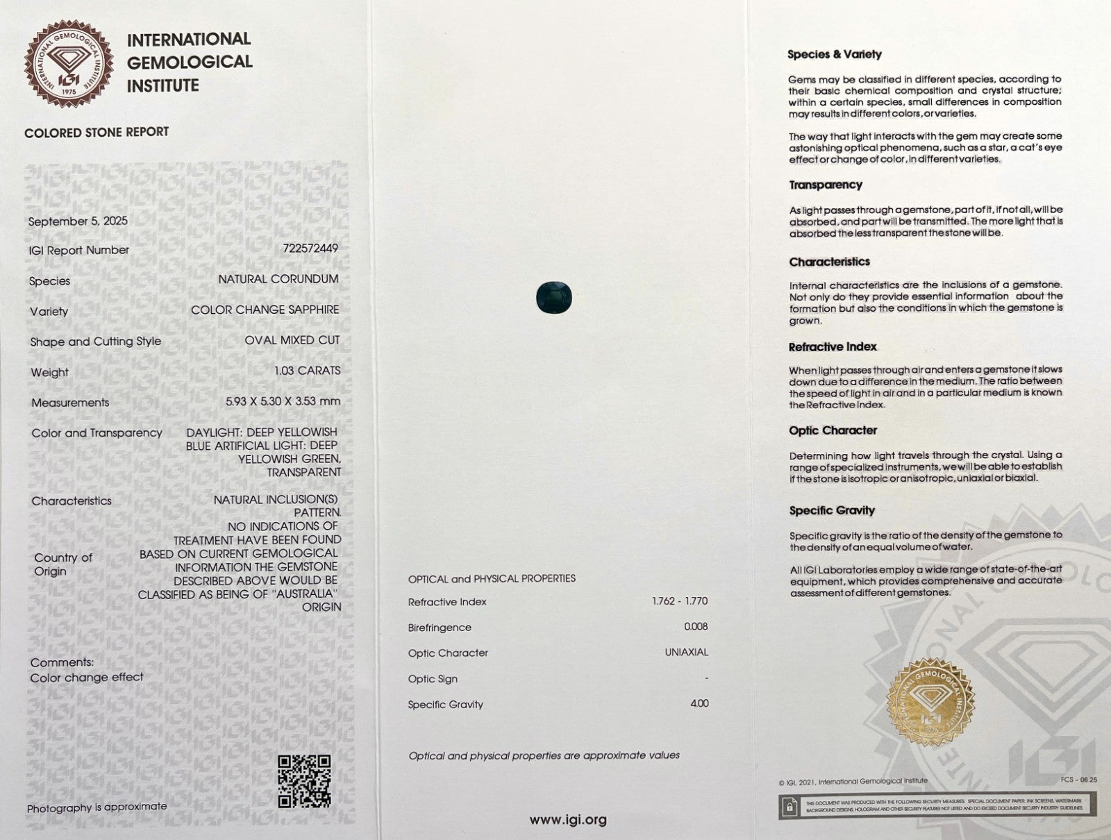 Rare IGI CERTIFIED 1.03ct Colour Change AUSTRALIA Sapphire UNHEATED Oval Cut — view 3