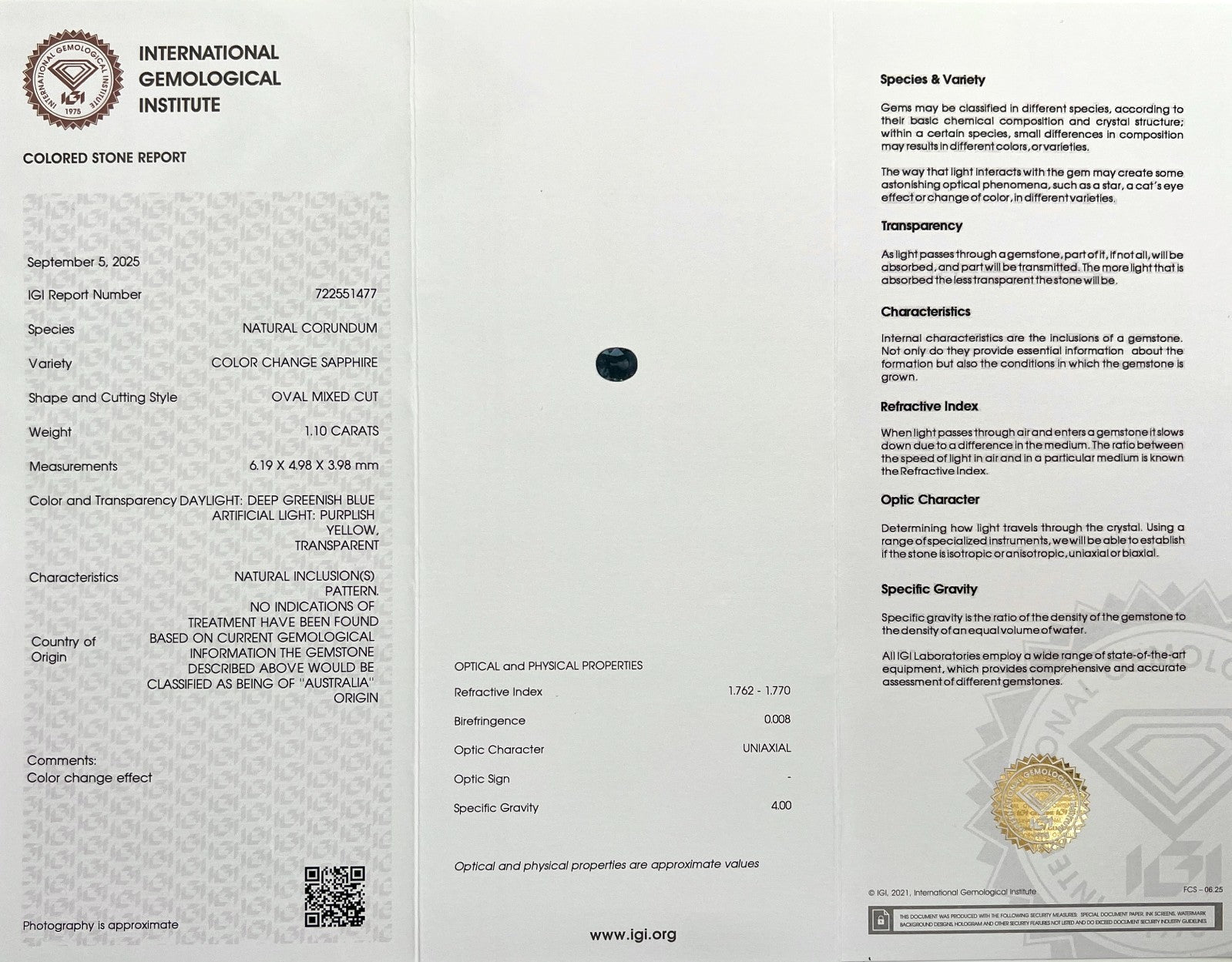 Rare IGI CERTIFIED 1.10ct Colour Change AUSTRALIA Sapphire UNHEATED Oval Cut — view 2