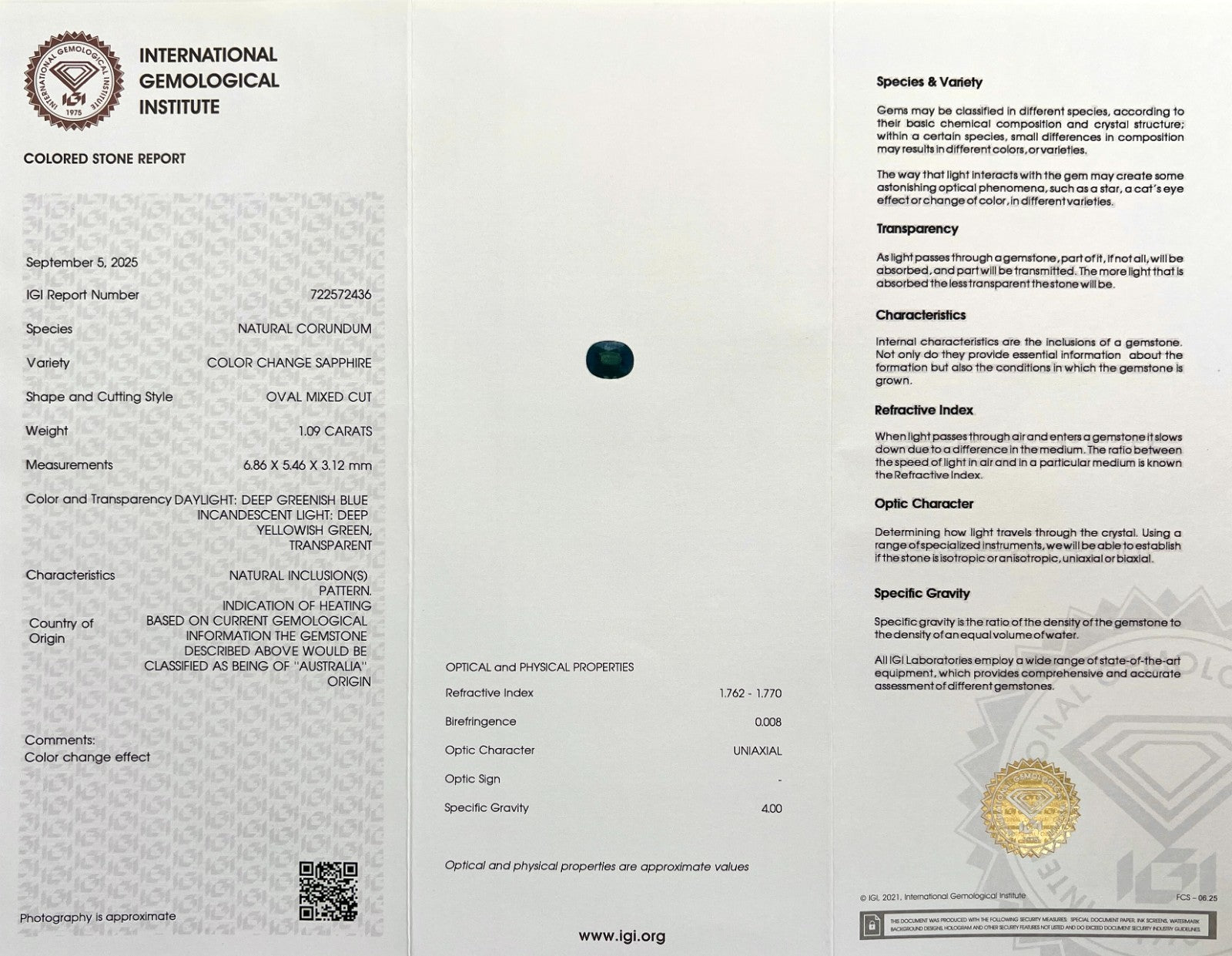 Rare IGI CERTIFIED 1.09ct Colour Change AUSTRALIA Green Blue Sapphire Oval Cut — view 4
