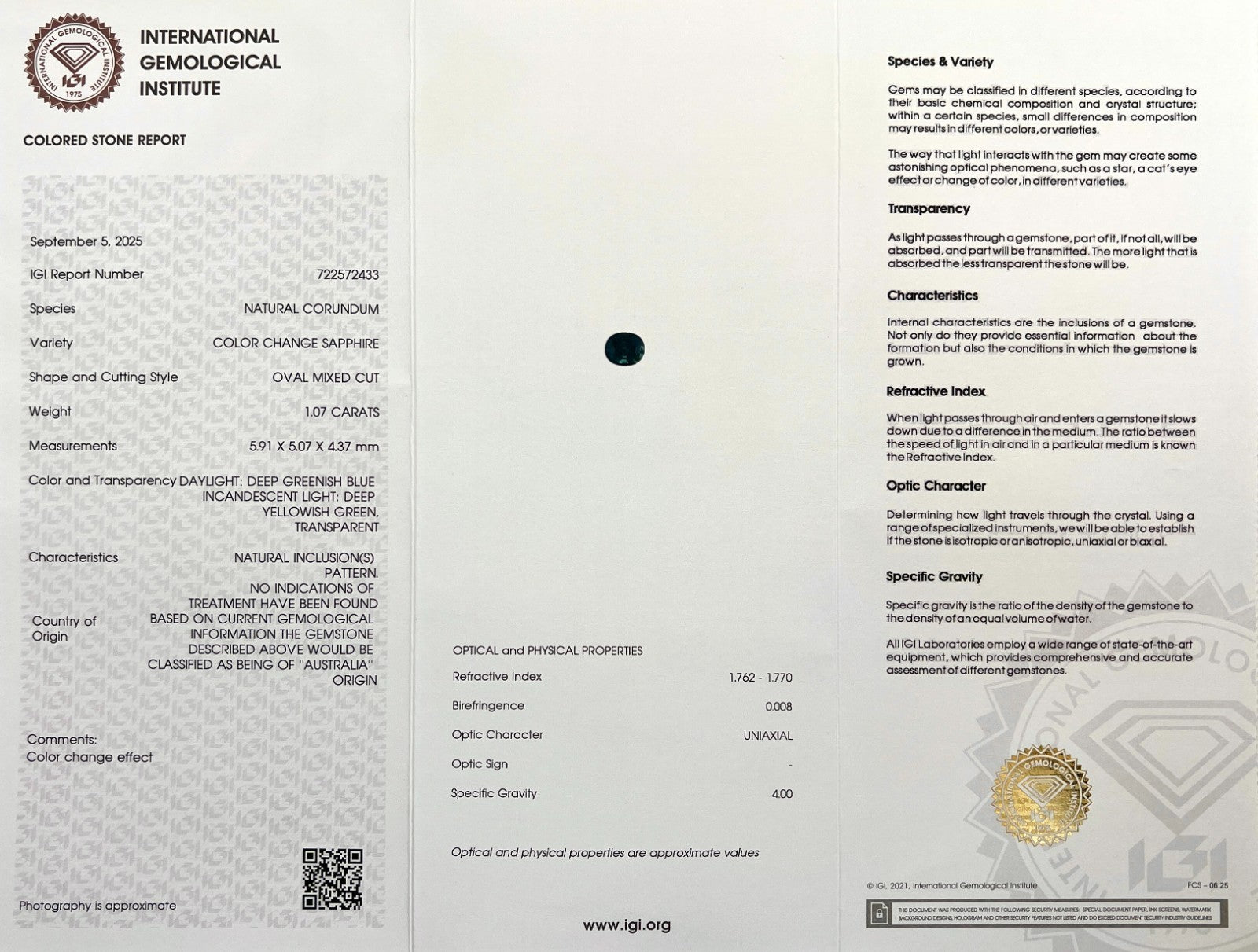 Rare IGI CERTIFIED 1.07ct Colour Change AUSTRALIA Sapphire UNHEATED Oval Cut — view 3