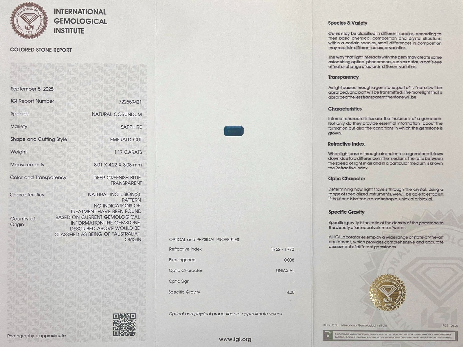 IGI CERTIFIED 1.17ct AUSTRALIA Green Blue TEAL Sapphire UNTREATED Hazy Silky Gem — view 2