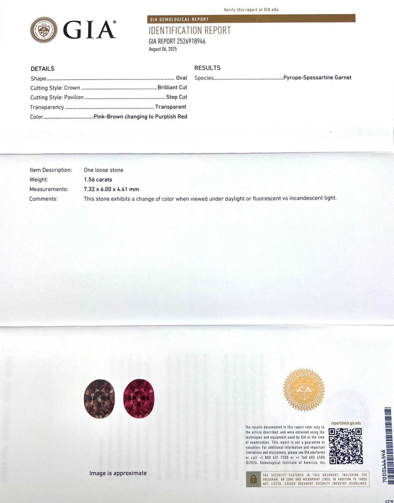 1.56ct NATURAL Colour Change Garnet GIA Certified UNTREATED Pyrope Spessartine — view 2