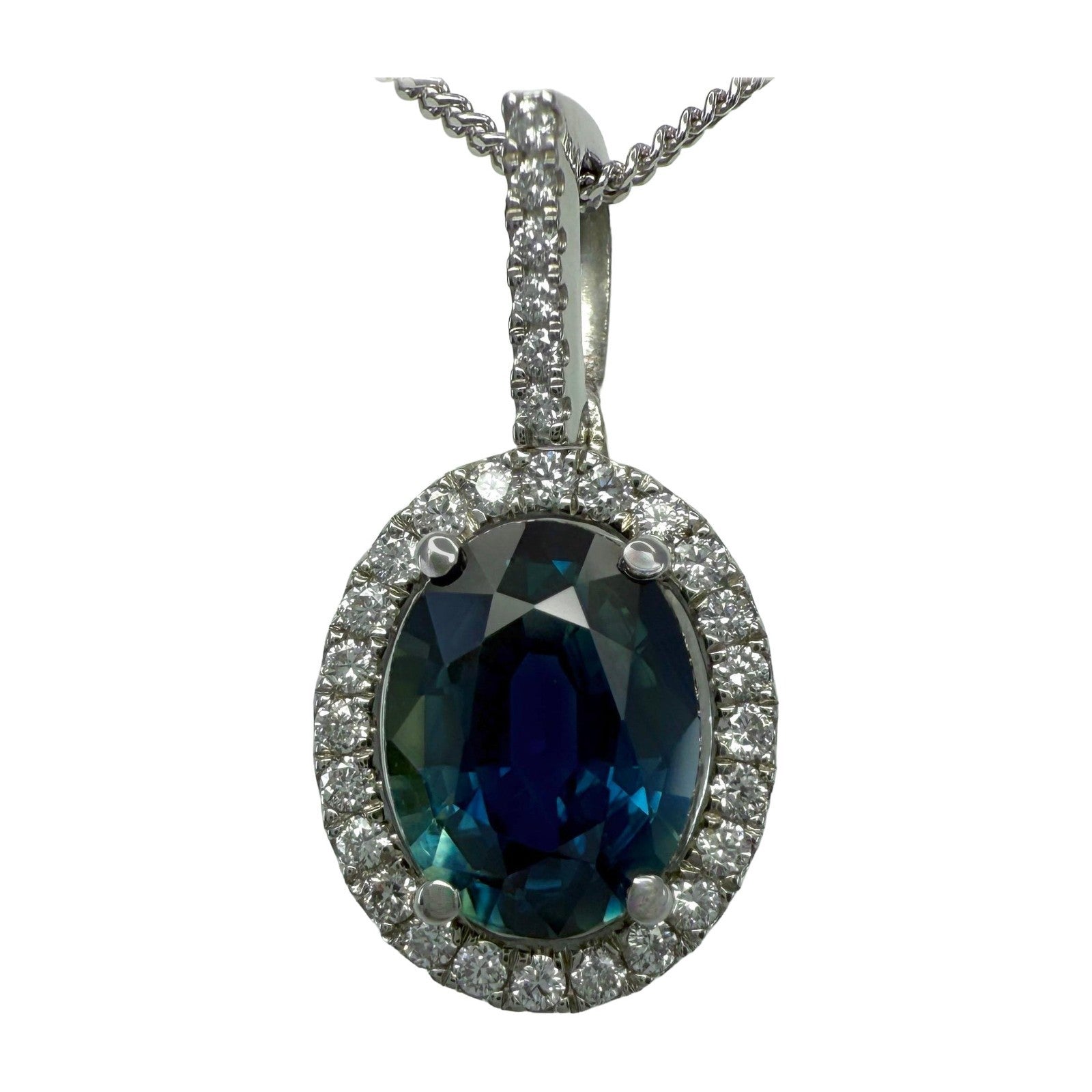 1.91ct Natural Teal Green Blue Sapphire Diamond Platinum Halo Pendant Necklace