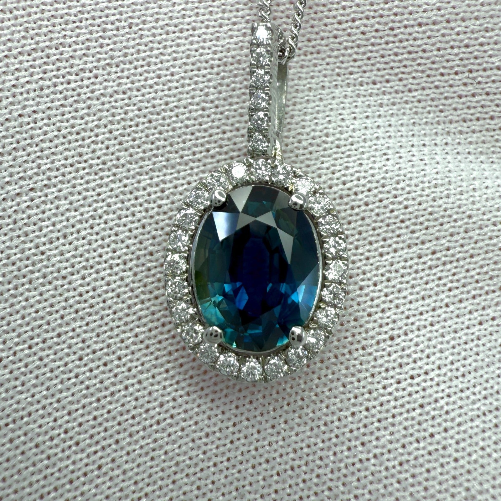 1.91ct Natural Teal Green Blue Sapphire Diamond Platinum Halo Pendant Necklace — view 2