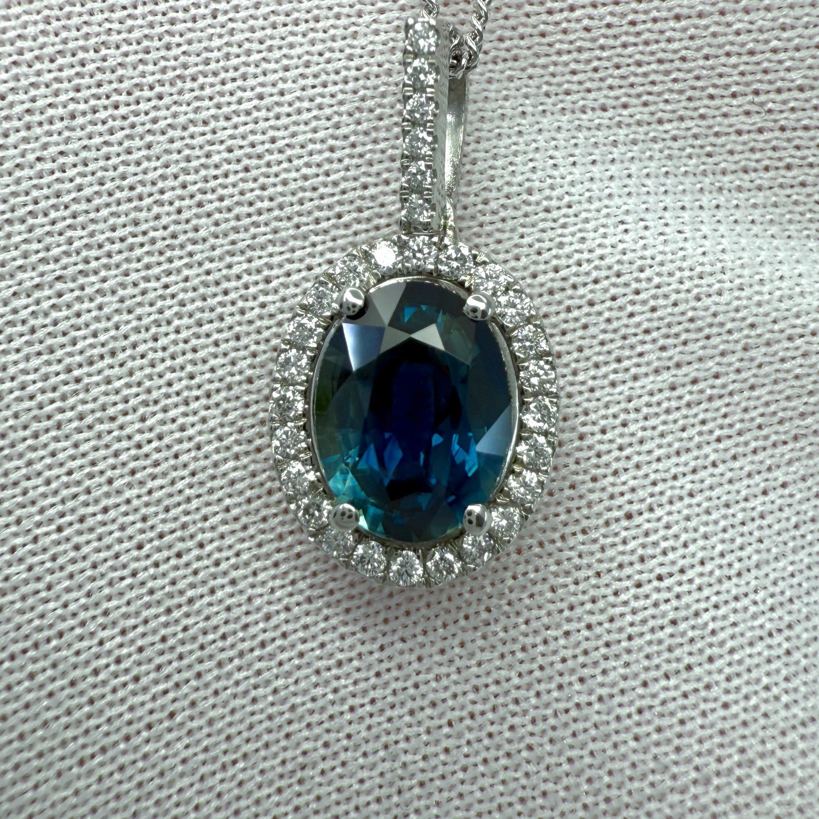 1.91ct Natural Teal Green Blue Sapphire Diamond Platinum Halo Pendant Necklace — view 3