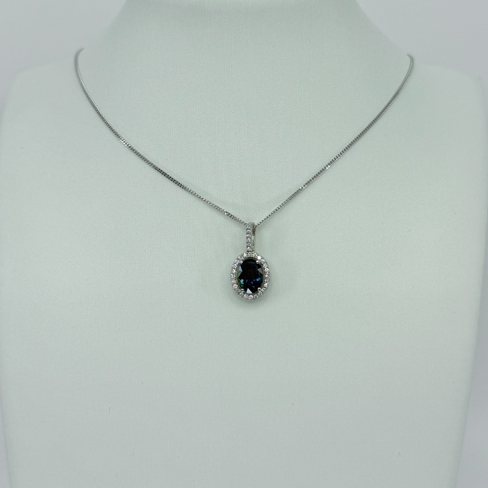 1.91ct Natural Teal Green Blue Sapphire Diamond Platinum Halo Pendant Necklace — view 4