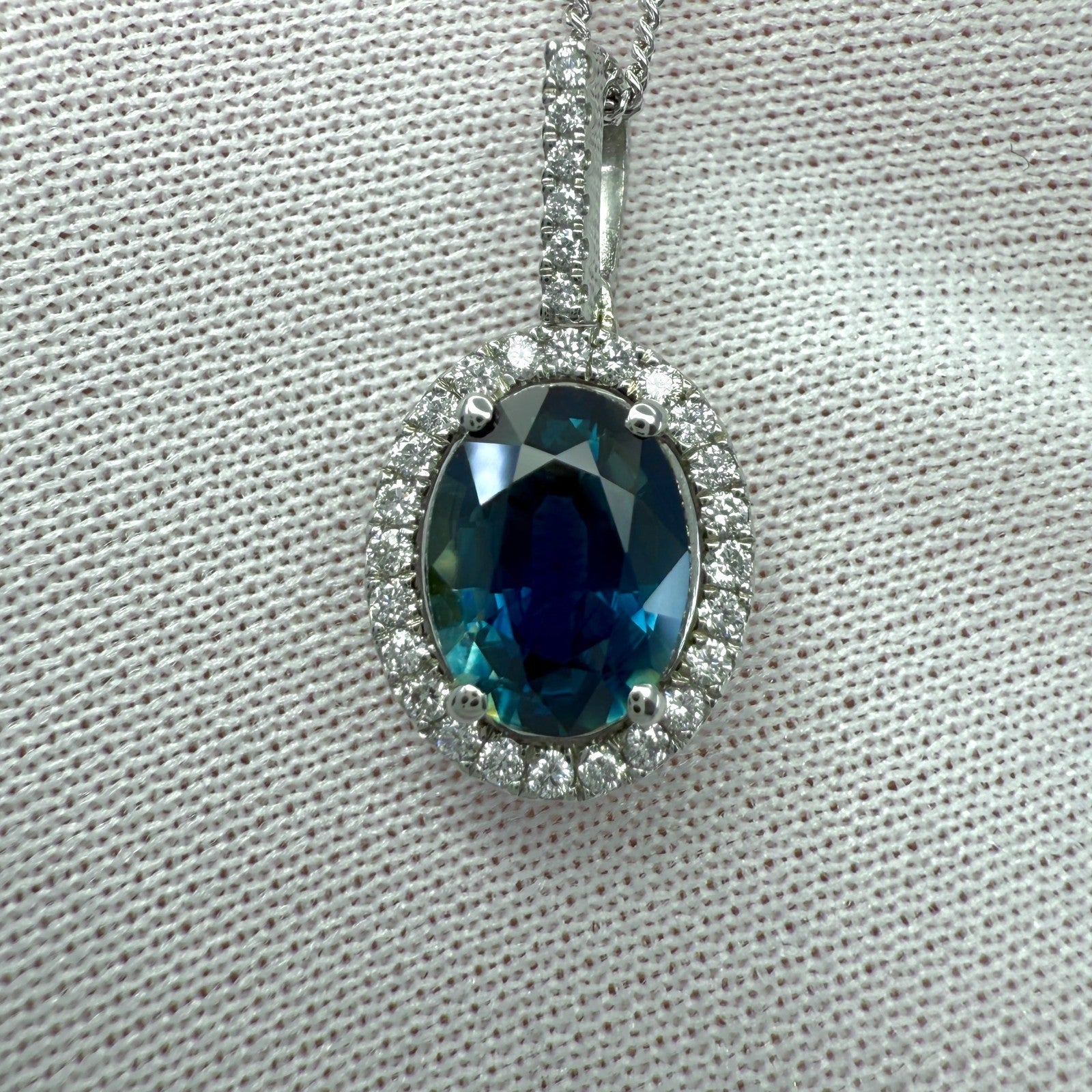 1.91ct Natural Teal Green Blue Sapphire Diamond Platinum Halo Pendant Necklace — view 5
