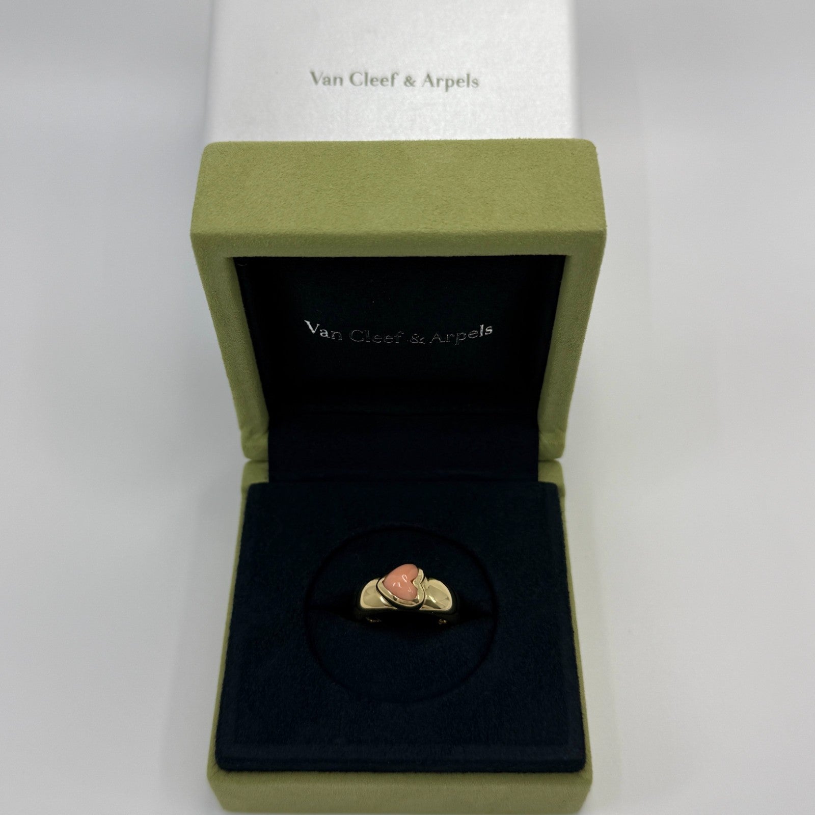 Rare Vintage Van Cleef & Arpels Pink Coral Heart Cut 18k Yellow Gold Dome Ring — view 2