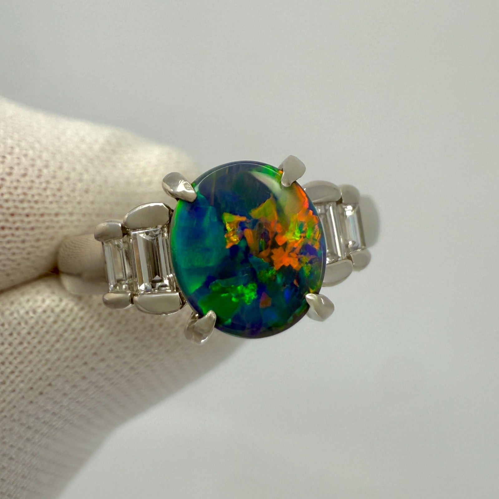 1.17ct FINE Australian Black Opal & Baguette Diamond Five Stone Platinum Ring — view 2
