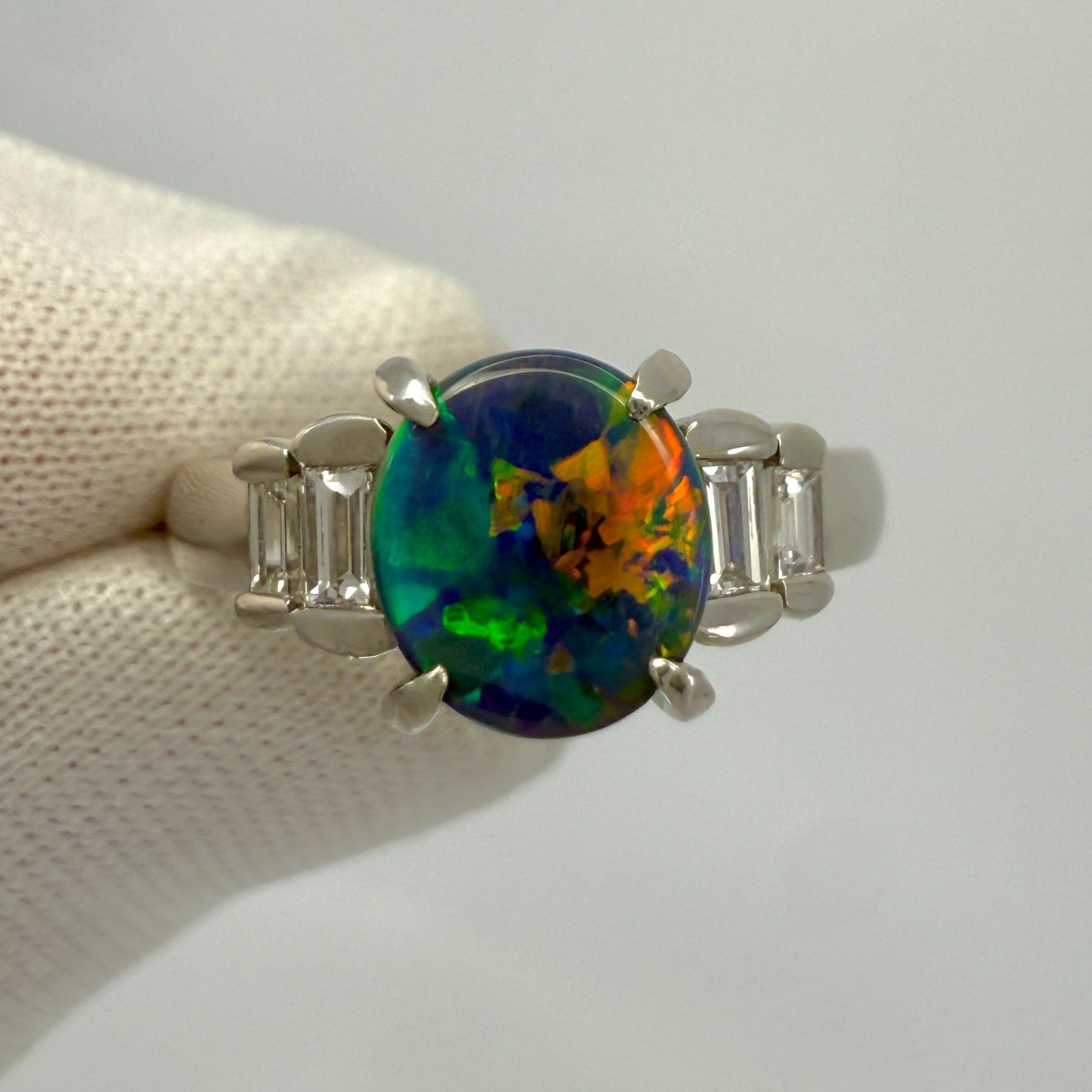 1.17ct FINE Australian Black Opal & Baguette Diamond Five Stone Platinum Ring — view 3