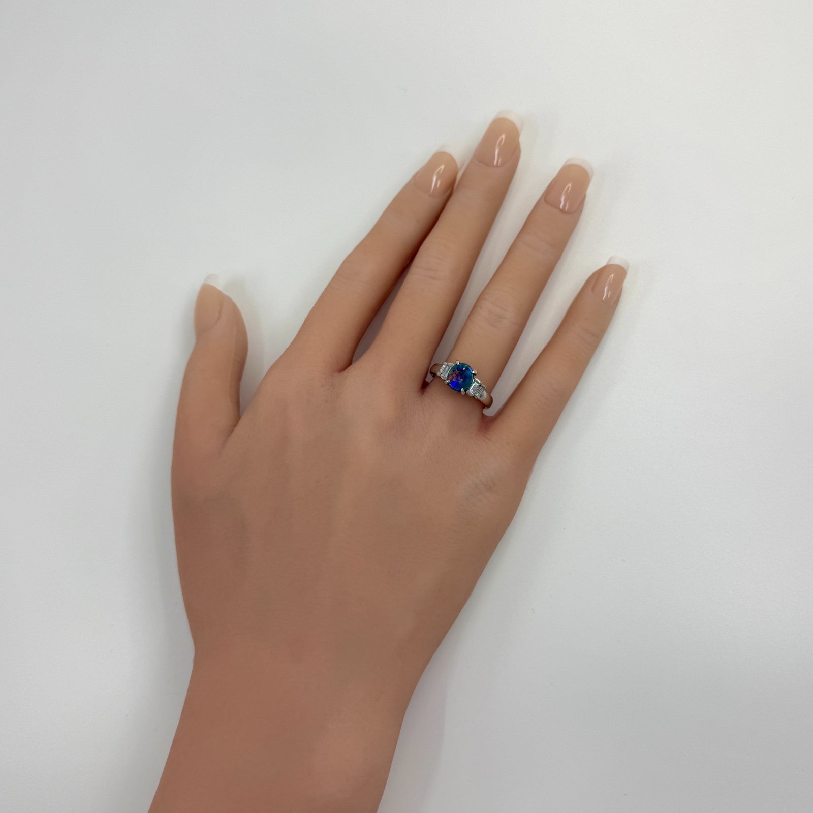 1.17ct FINE Australian Black Opal & Baguette Diamond Five Stone Platinum Ring — view 4