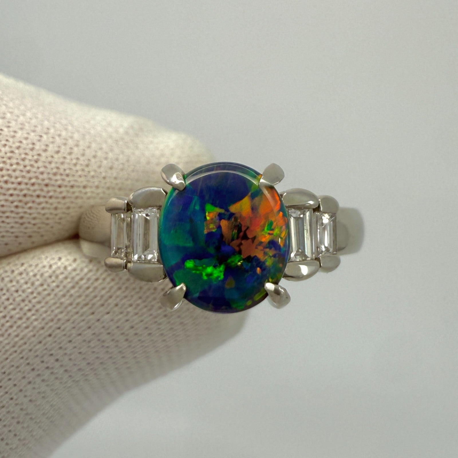 1.17ct FINE Australian Black Opal & Baguette Diamond Five Stone Platinum Ring — view 5