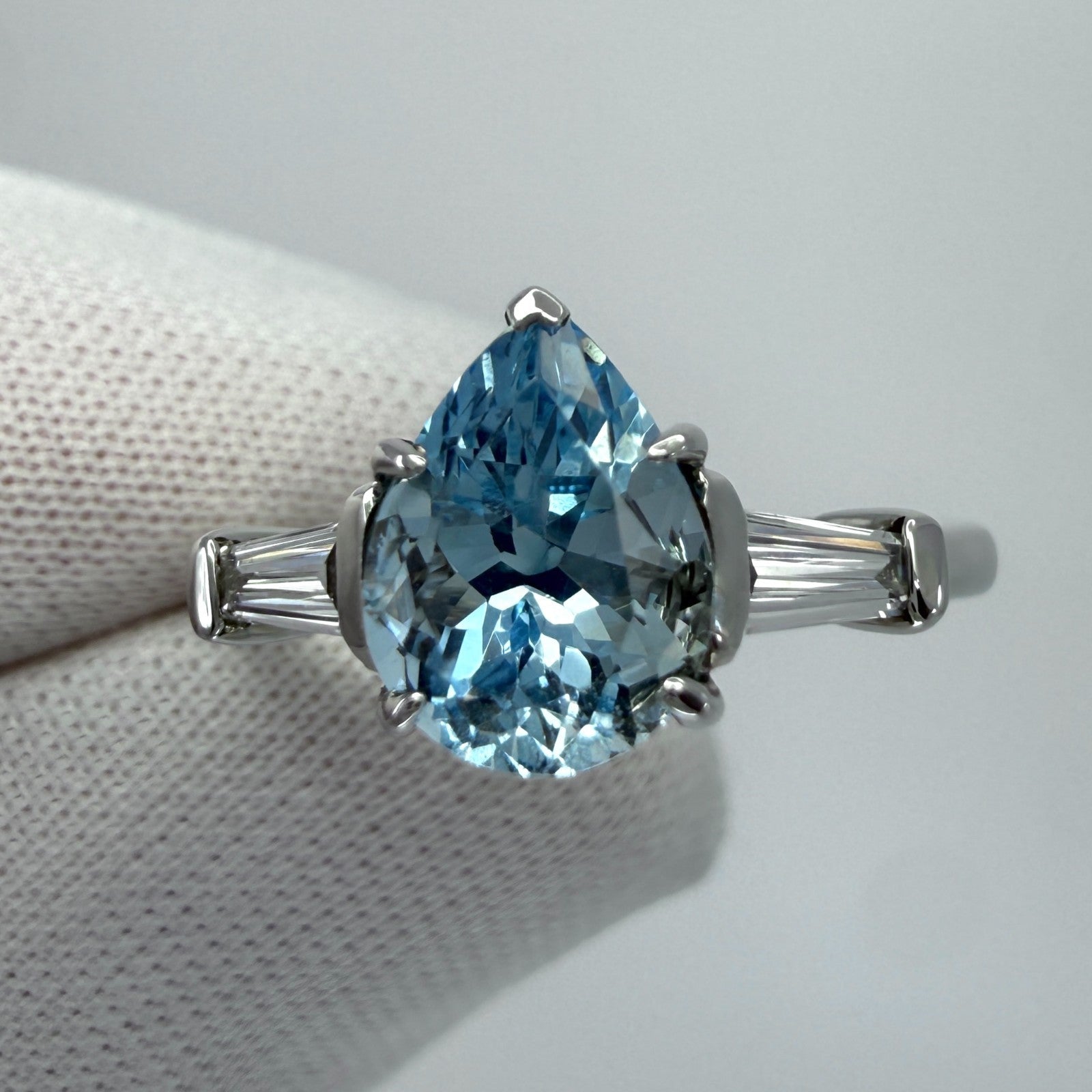 1.64ct Pear Cut Aquamarine And Baguette Cut Diamond Platinum Three Stone Ring — view 2