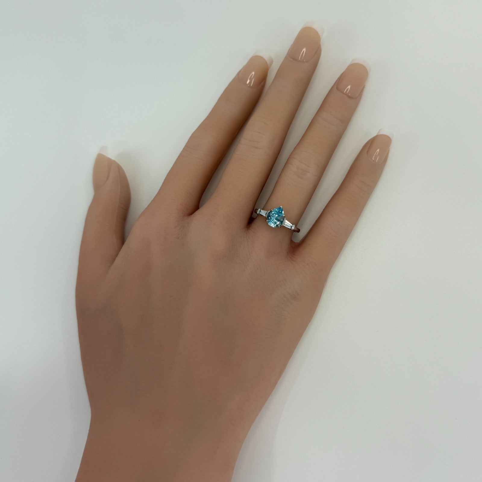 1.64ct Pear Cut Aquamarine And Baguette Cut Diamond Platinum Three Stone Ring — view 3