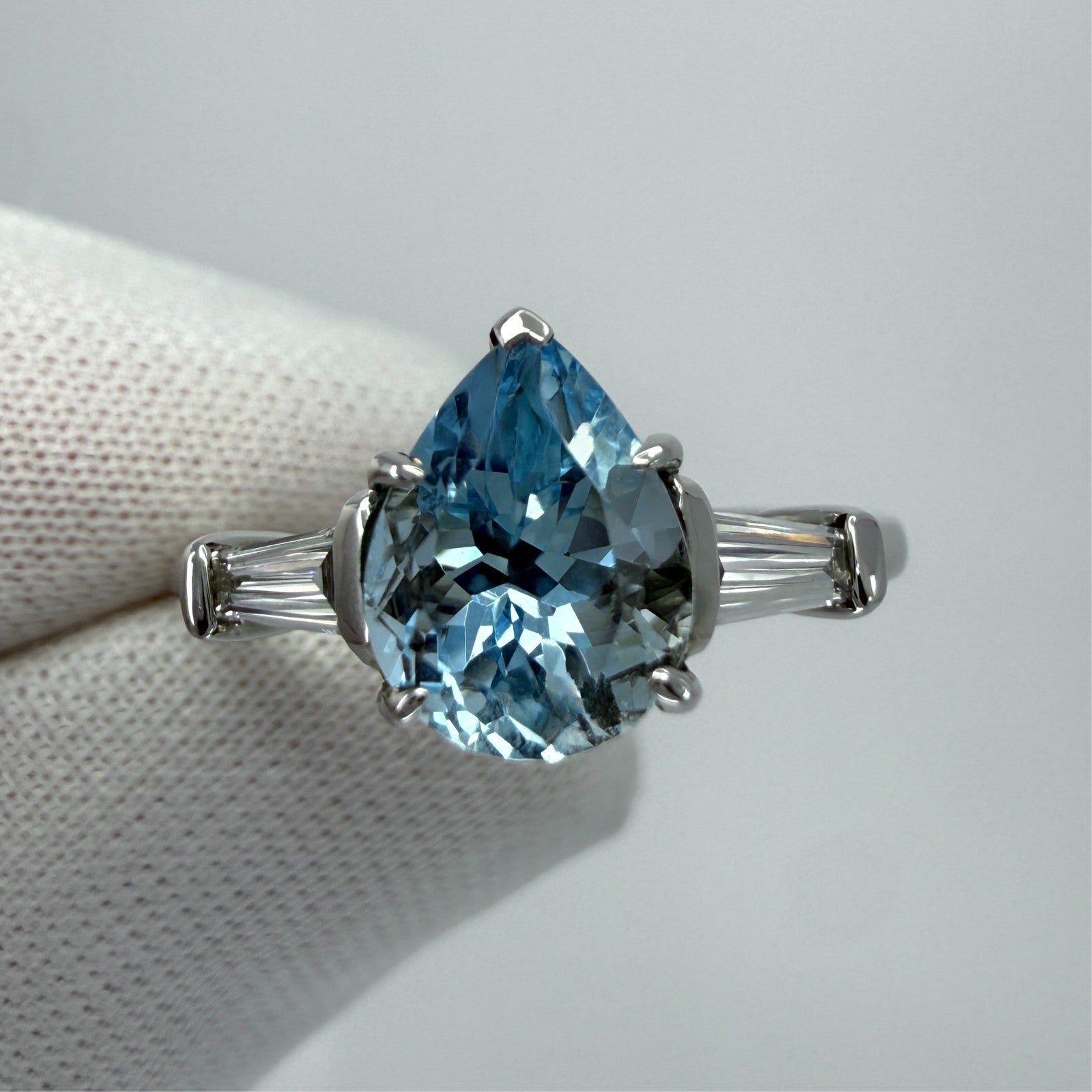 1.64ct Pear Cut Aquamarine And Baguette Cut Diamond Platinum Three Stone Ring — view 4