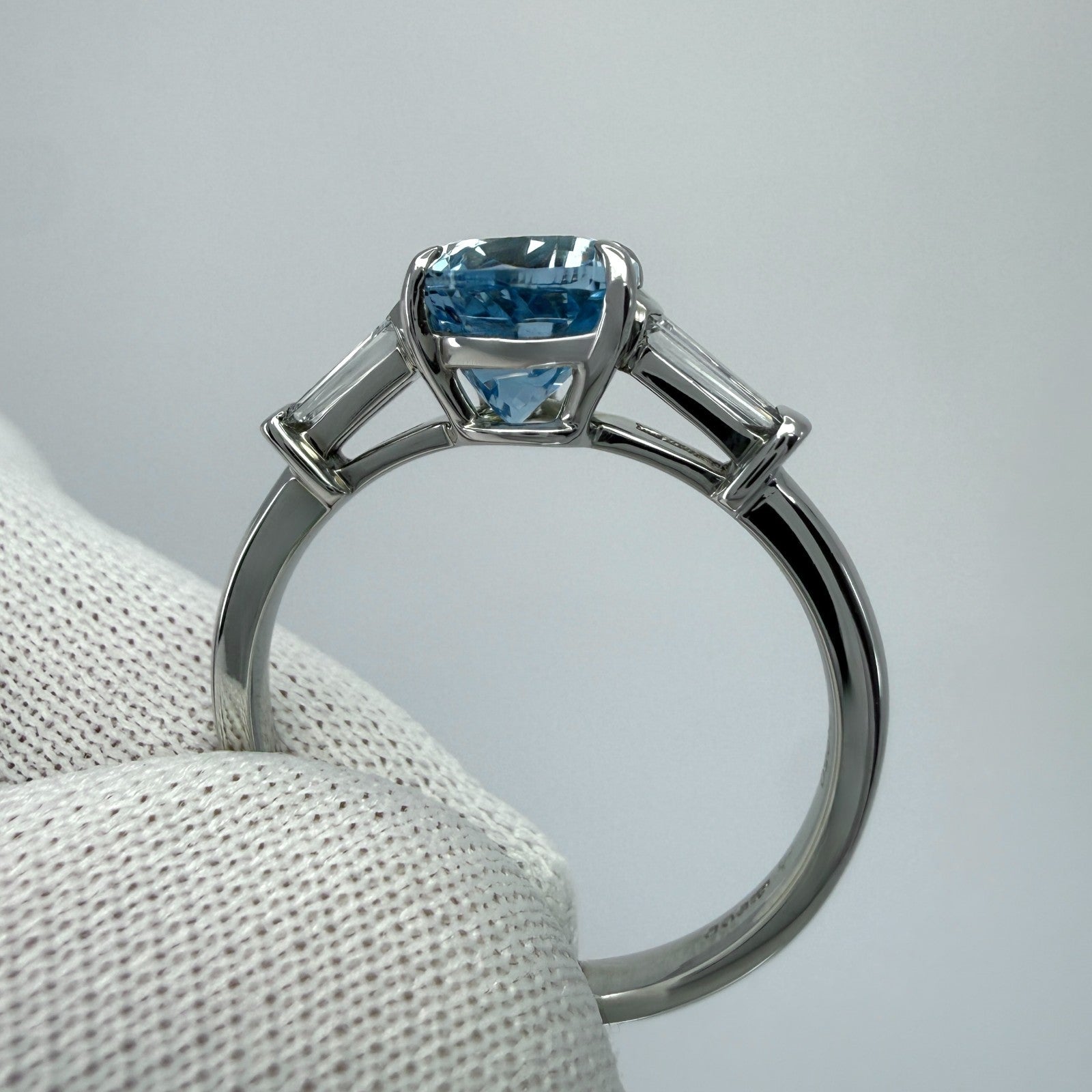 1.64ct Pear Cut Aquamarine And Baguette Cut Diamond Platinum Three Stone Ring — view 5