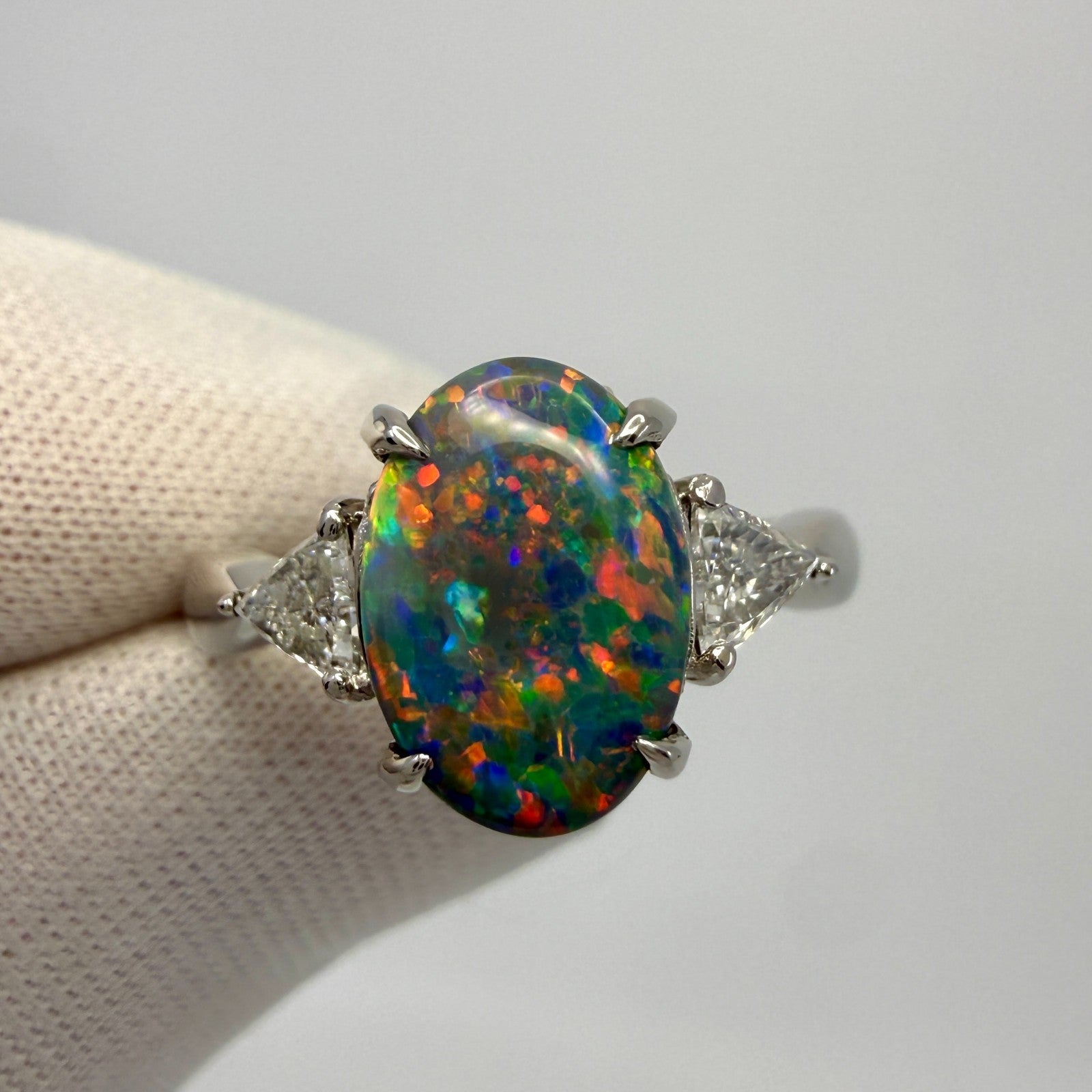 1.60ct FINE Top Grade Australian Black Opal & Diamond Three Stone Platinum Ring — view 2