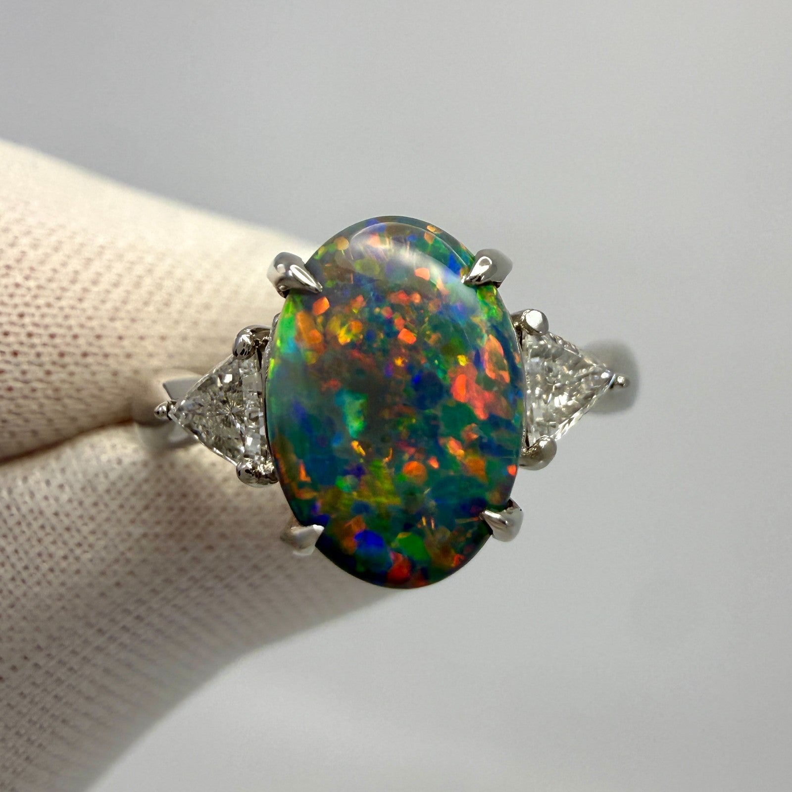 1.60ct FINE Top Grade Australian Black Opal & Diamond Three Stone Platinum Ring — view 3