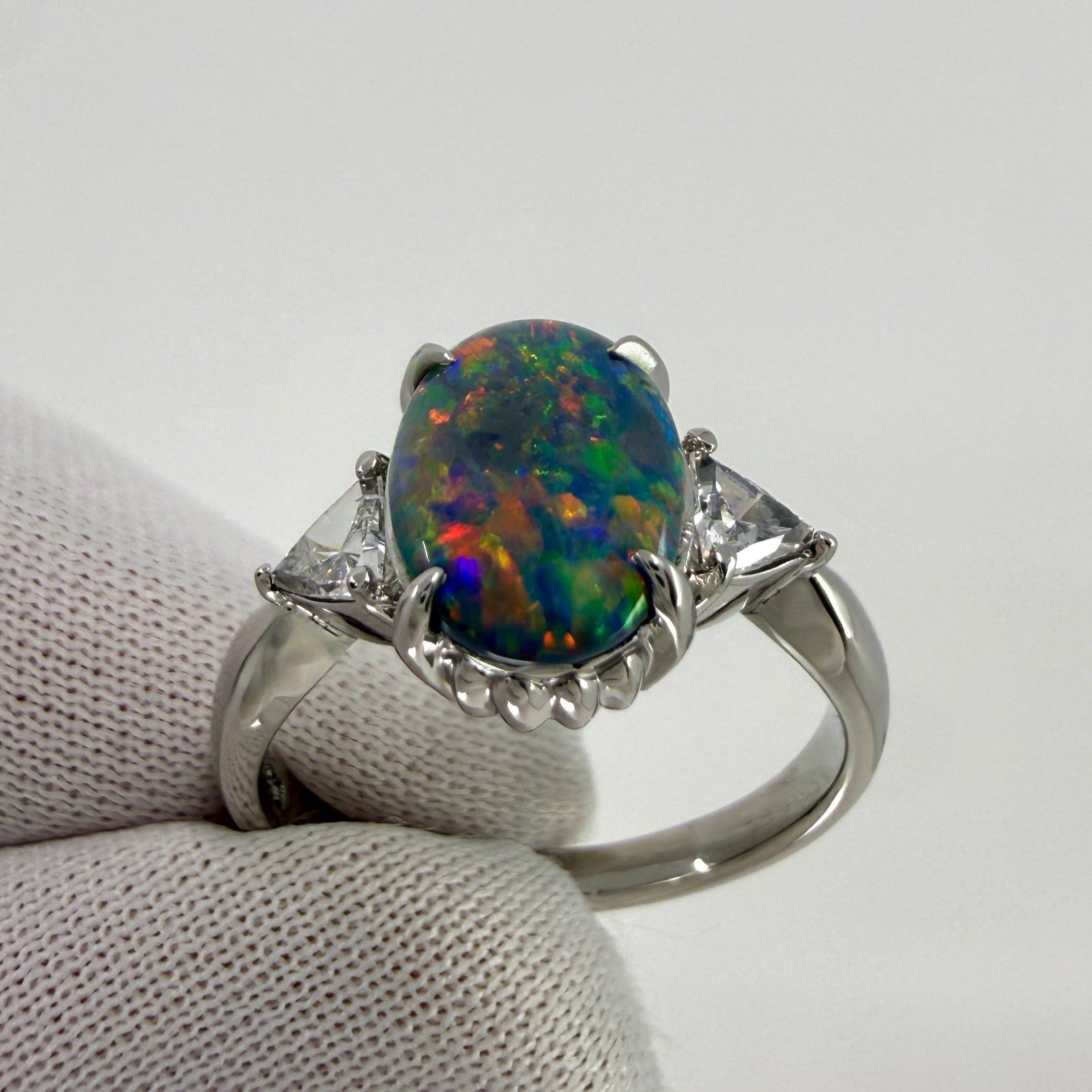 1.60ct FINE Top Grade Australian Black Opal & Diamond Three Stone Platinum Ring — view 4