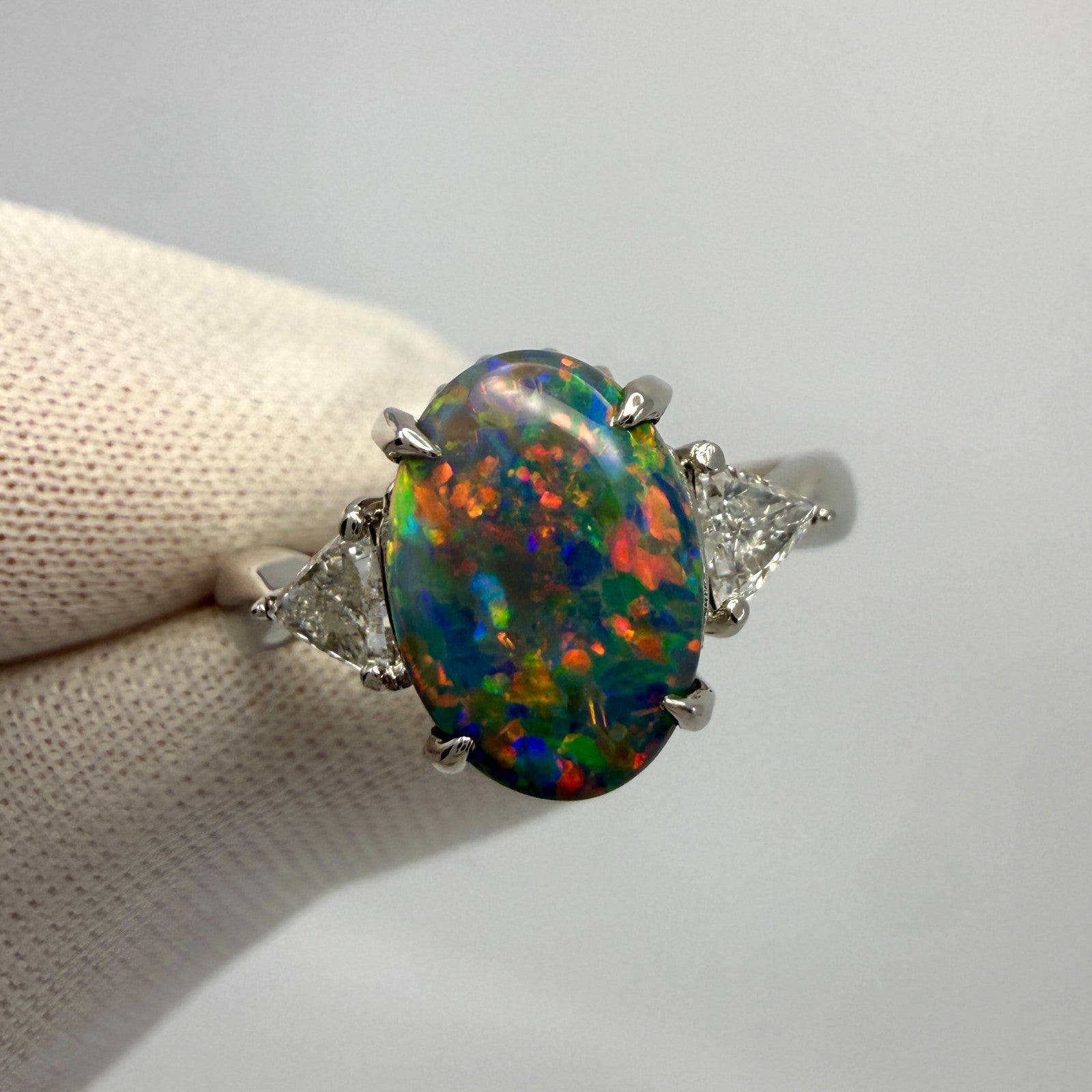1.60ct FINE Top Grade Australian Black Opal & Diamond Three Stone Platinum Ring — view 5