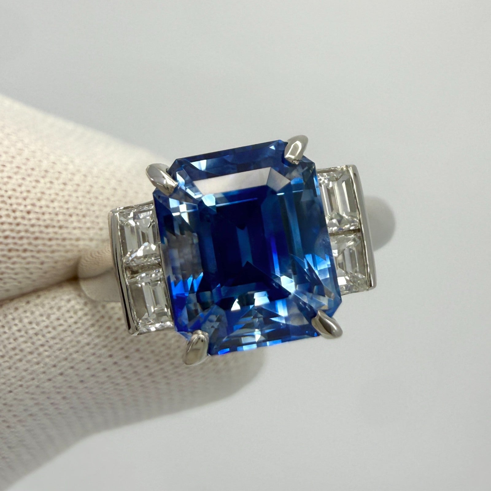 4.65ct GIA Certified Octagon Vivid Blue Ceylon Sapphire & Diamond Platinum Ring — view 4