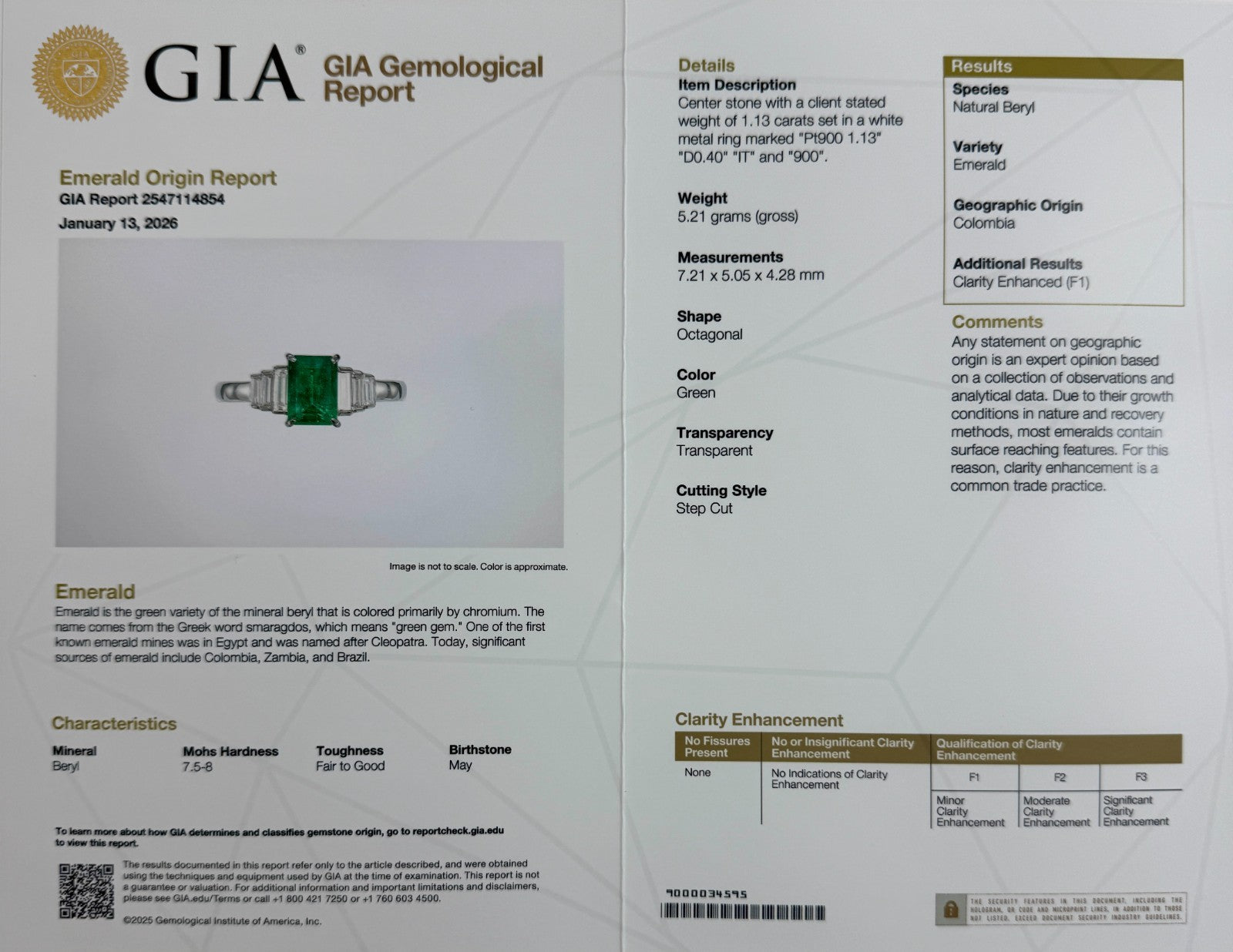 1.53ct GIA Certified Fine Colombian Emerald & Diamond Platinum Five Stone Ring — view 3