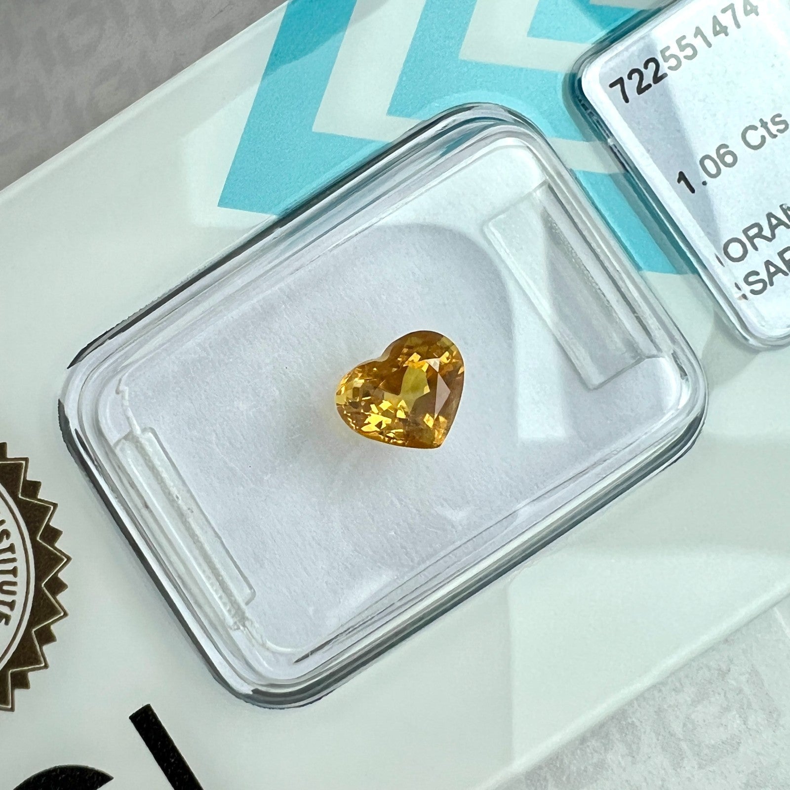 IGI CERTIFIED 1.06ct Untreated VIVID Yellow Orange Sapphire Heart Cut Gem — view 5