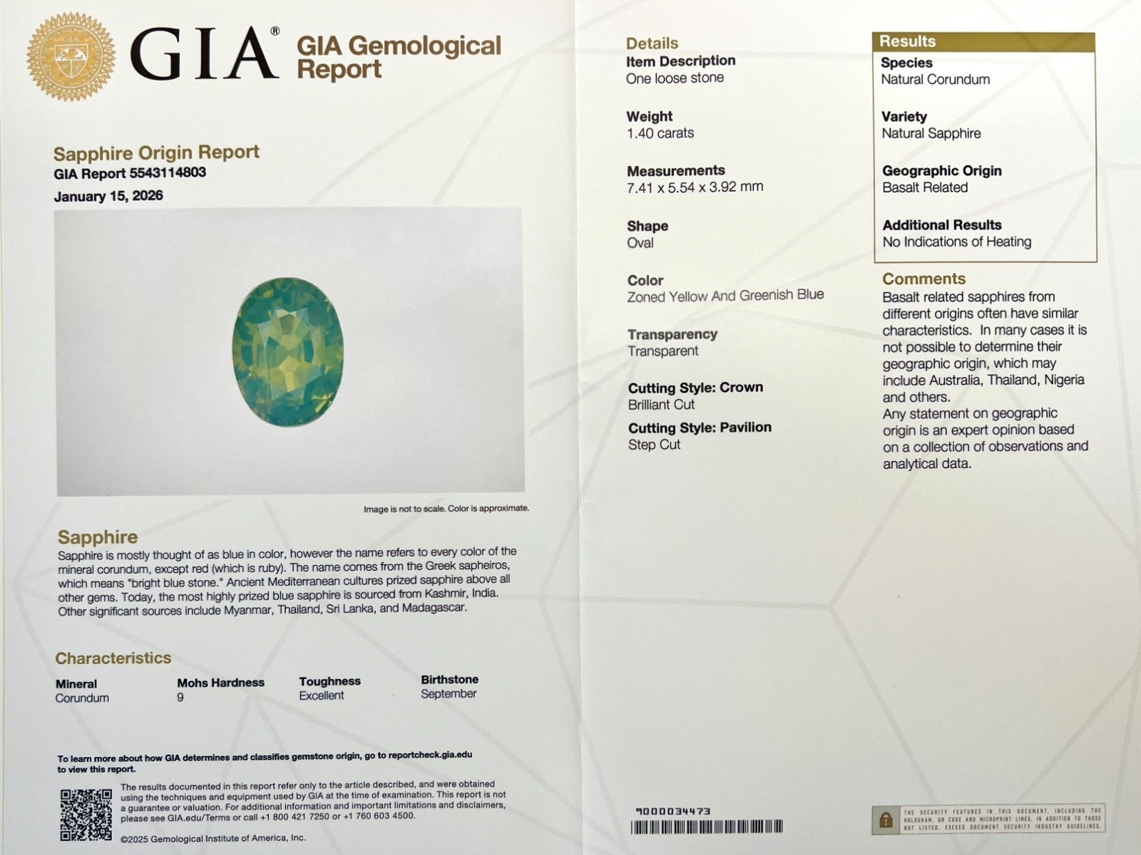 UNIQUE 1.40ct GIA CERTIFIED Hazy Green Blue Yellow Sapphire UNHEATED Oval Cut — view 3