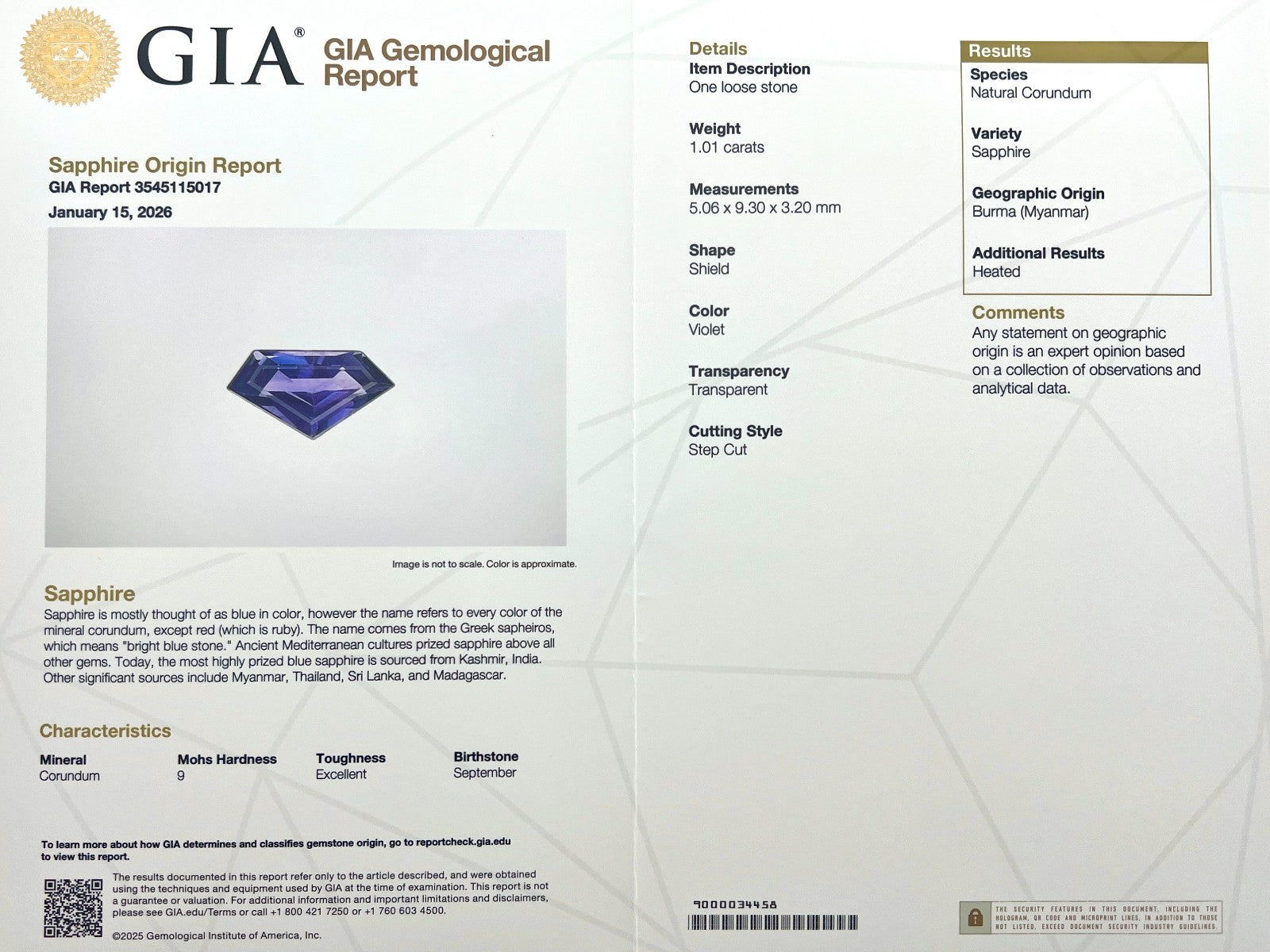 FINE 1.01ct GIA CERTIFIED Myanmar Sapphire Purple Violet Fancy SHIELD Cut Gem — view 2
