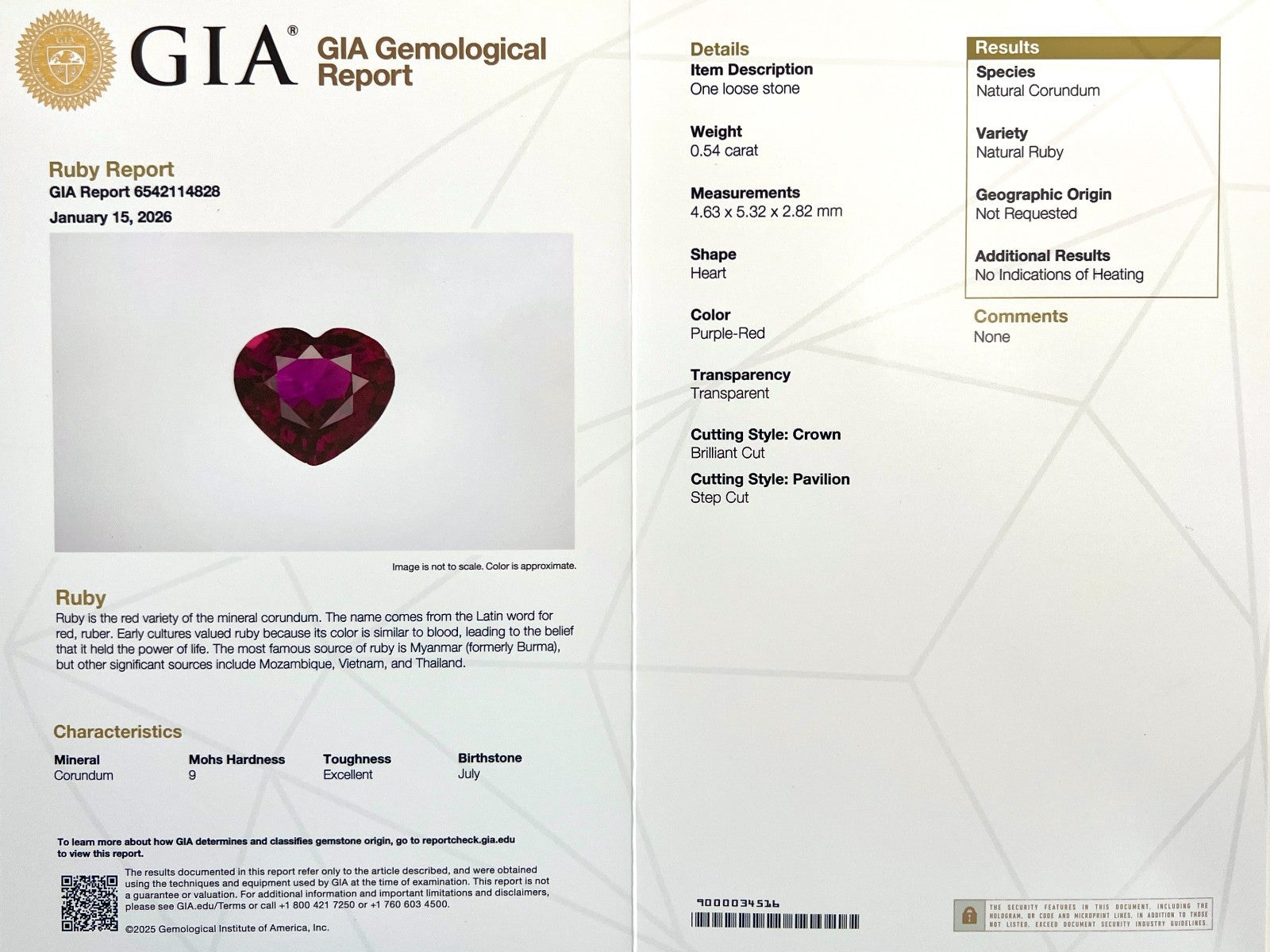 GIA CERTIFIED Natural UNTREATED Ruby Purple Red 0.54ct Heart Cut Gem NO HEAT — view 3