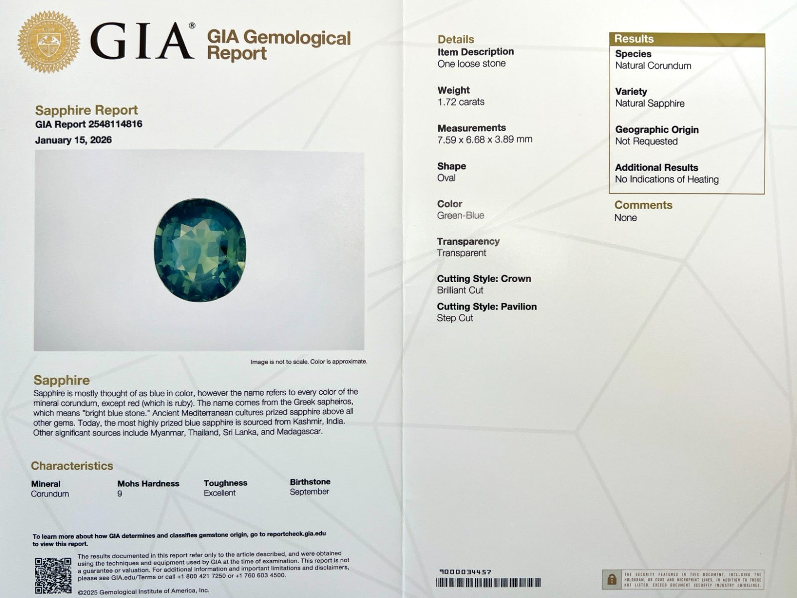 1.72ct GIA CERTIFIED Hazy Green Blue Sapphire UNTREATED Oval Cut RARE Gem — view 2