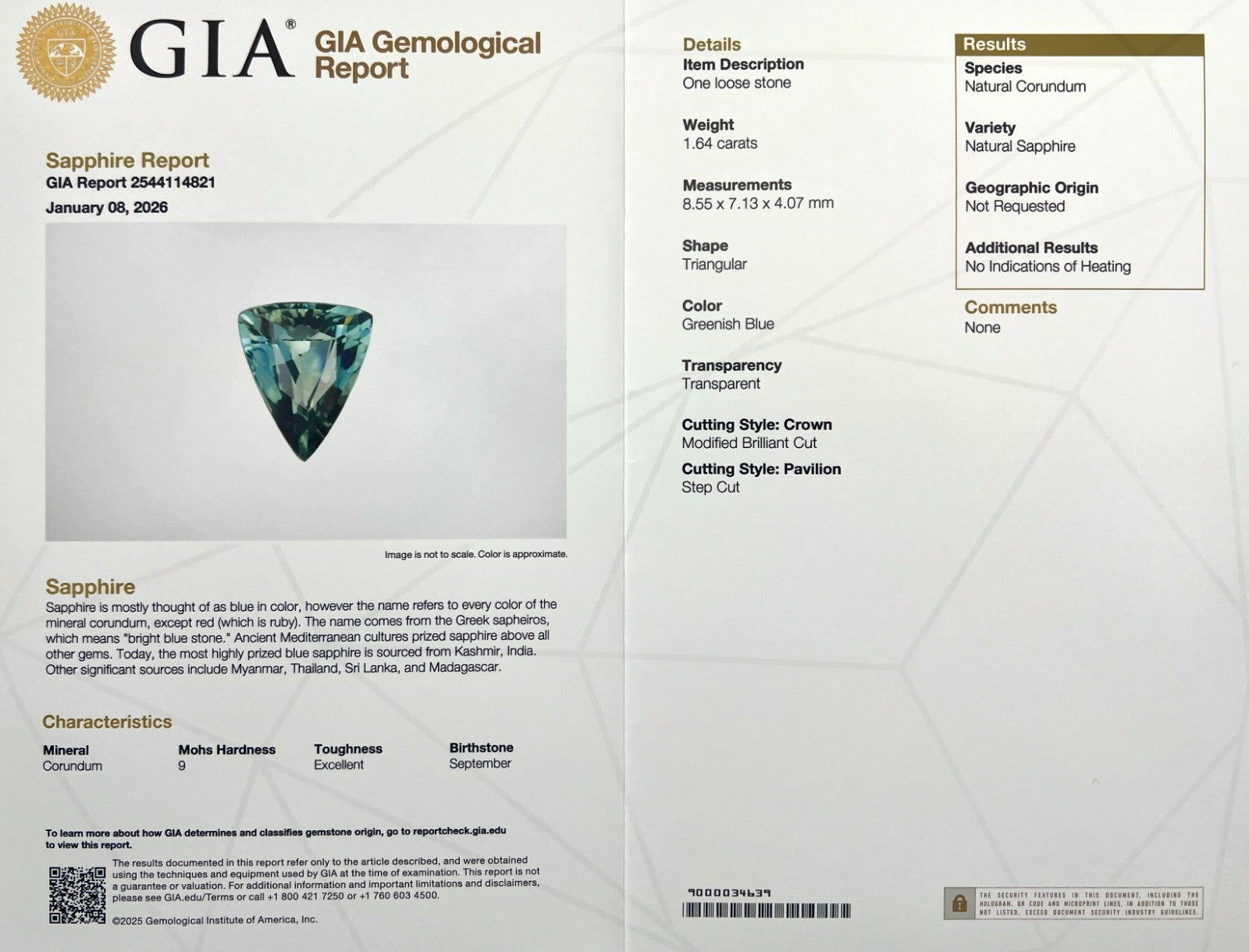 GIA CERTIFIED 1.64ct Sapphire Vivid Green Blue UNTREATED Triangle Cut Gemstone — view 2