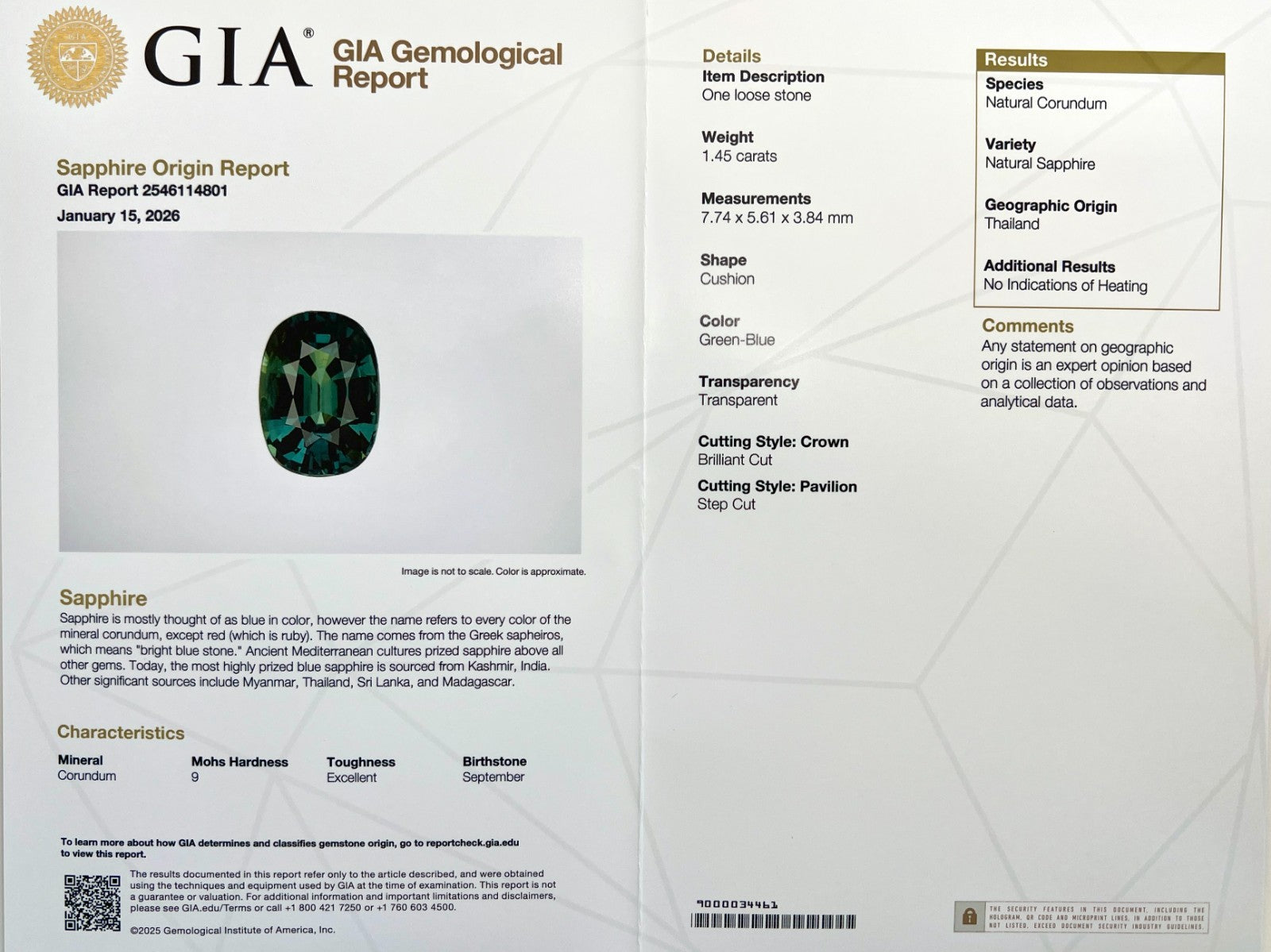 GIA Certified 1.45ct UNTREATED Thailand Sapphire Natural Green Blue Cushion Cut — view 3